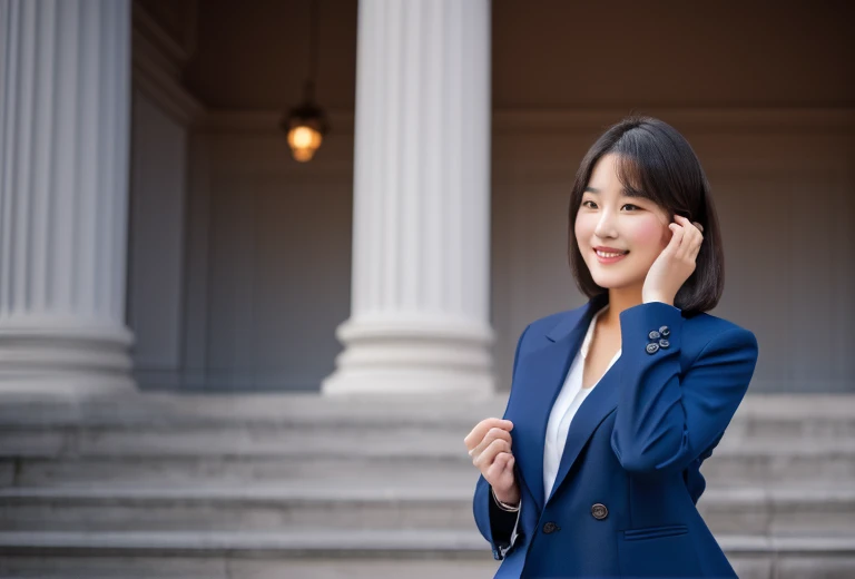 Wearing navy blue jacket, white blouse
