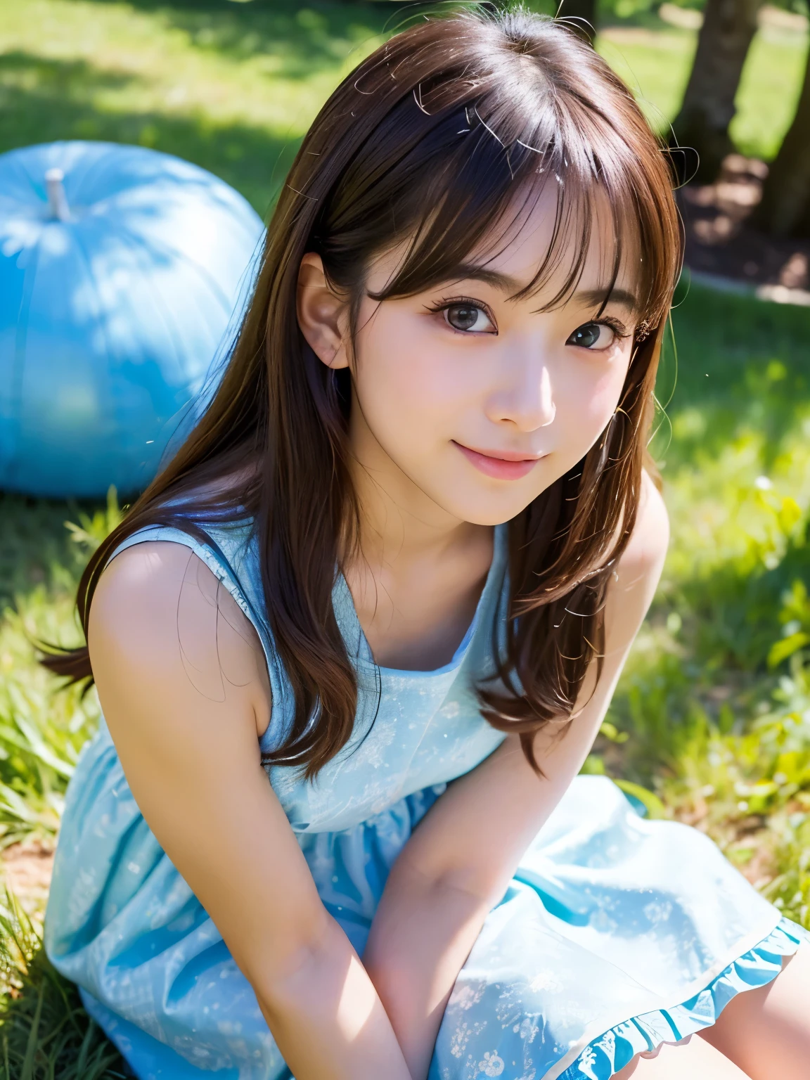 (Best-quality, Masterpiece, Ultra-High-Resolution, (Photorealistic:1.9), Raw Photo, depth of field, professional lighting, perfect anatomy, extremely details), from above, 1girl, 15-years-old, the most famous Japanese idol, Sunny day, at noon, In summer park, (sitting on grass), ((wearing casual-dress with cute-design)), (extremely beautiful cute like the most popular Japanese idol, (extremely cute and extremely big eyes), extremely beautiful realistic-skins), extremely beautiful hair, extremely cute long-eyelashes, extremely cute lips, looking at viewer, innocent smile