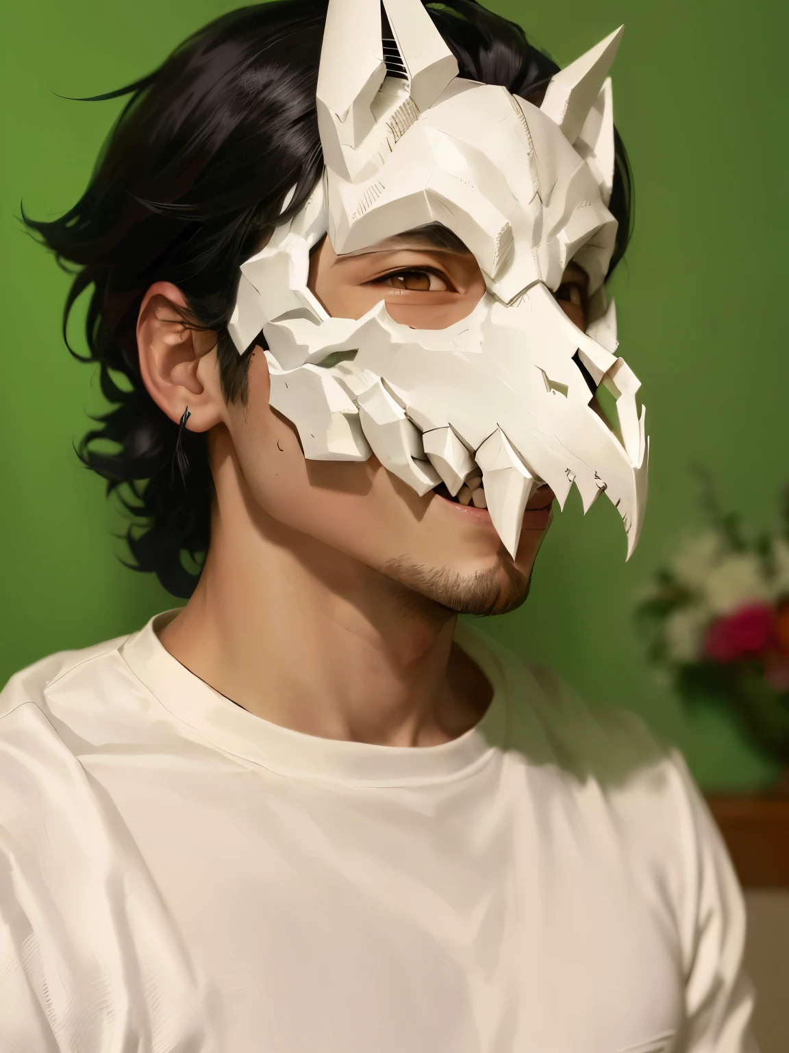 arafed man wearing a white mask with a white dragon head, ghost mask, monster mask, detailed jaw and eyes, wearing a dragon mask, hocico blanco y parte inferior, detailed mask, skull mask, full mask, white biomechanical details, face with skull mask, detailed face with mask, horned skull mask, broken mask, white mask, aizawa shouta, my hero academia
