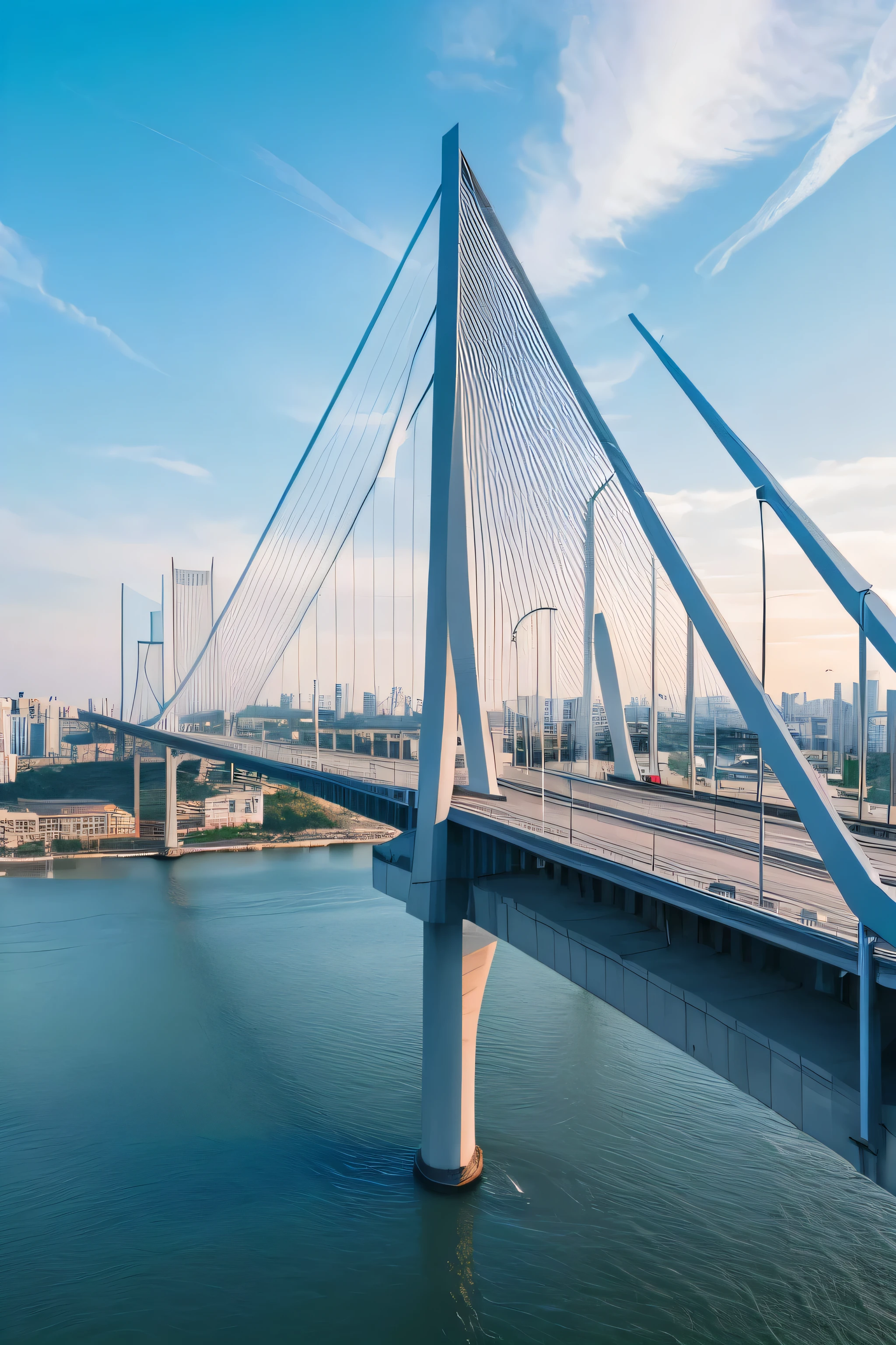 You can ask the AI:
"Can you generate an image,Cable-stayed bridge as the main body,Are there any edge city views around??I want a cover image,It is obvious that it is about the bridge.。"