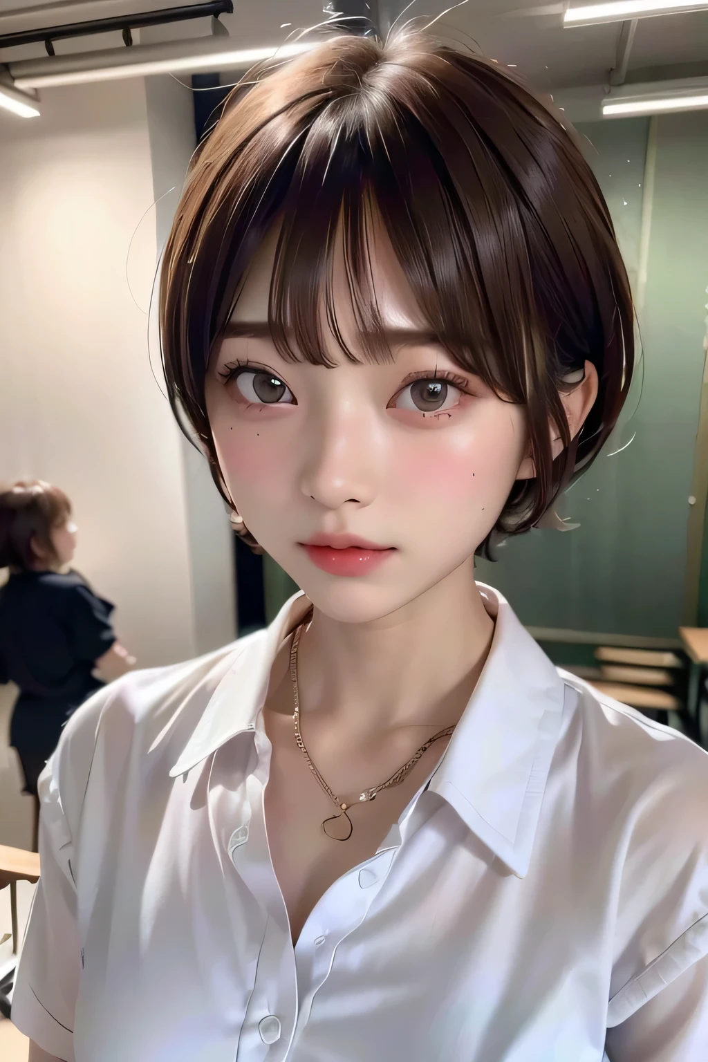 (highest quality:1.3)、(Masterpiece:1.4)、Raw photo、8K、((Best image quality))、 ((High resolution))、Beautiful face in every detail、Realistic human skin、Gentle expression、(Cute natural anime face)、(One Woman:1.3)、Realistic、Photorealistic、short hair、(Beautiful woman)、((Cool Japan girl))、(boyish:1.3)、mannish、((Beautiful woman))、(Beautiful Hair)、((Dark brown hair))、(Blushing:1.5)、(Fashion Model:1.3)、(Every woman admires her face:1.3)、((Her eyes are big))、20 year old beauty、(Small face)、Small Head、((Long neck))、(High school girls)、uniform、(Japanese high school uniform)、(High school girlsのuniform)、((White button-up shirt))、(A shirt with a wide open chest)、Collared shirt、(necklace)、(The aspirations of young people)、((The center of attention in school))、everyone will love her、(You can almost see your cleavage)、sexual excitement、Thick chain collar