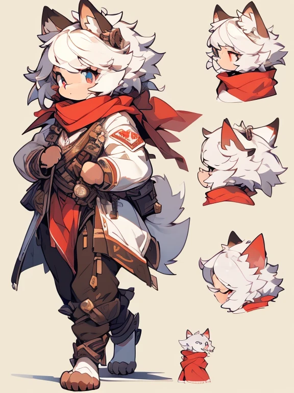 white baby wolf pup, baby girl wolf, ( Absurdly , High quality , ultra detailed ) ,( hand detailed ) , 1girl, solo, , (concept art, character sheet, character sketch),absurdres(highly detailed beautiful face and eyes)perfect anatomy, adorable, cute eyes, big eyes, short messy hair, long red scarf, baby puppy, walking on all paws