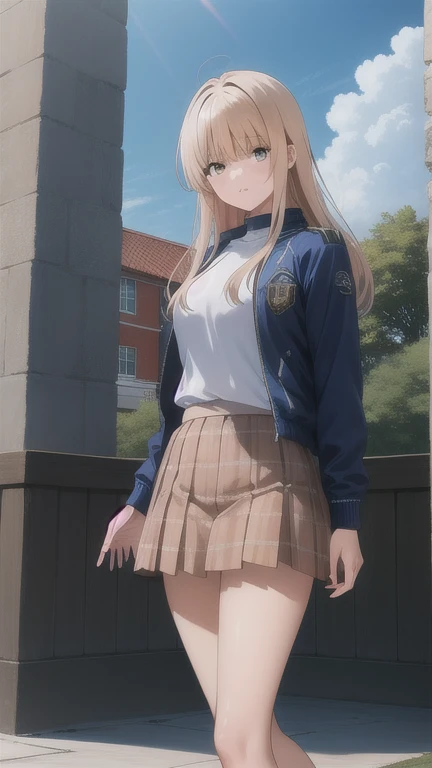 obra maestra, mejor calidad, high resolution, aamahiru, pelo largo, pajarita roja, Chaqueta azul, chaqueta de sport, mangas largas, falda a cuadros, brown skirt, Pantys, llegar, ciudad, Techo, cielo, de pie
