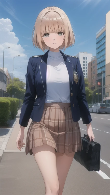 obra maestra, mejor calidad, high resolution, aamahiru, pelo largo, pajarita roja, Chaqueta azul, chaqueta de sport, mangas largas, falda a cuadros, brown skirt, Pantys, llegar, ciudad, Techo, cielo, de pie