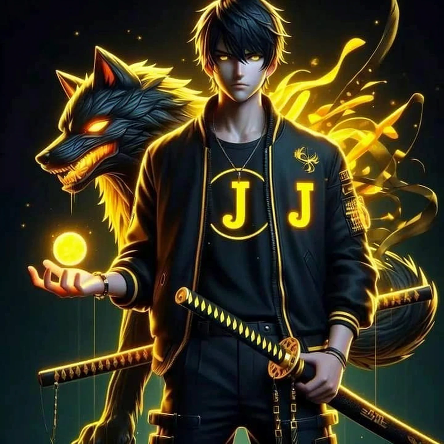 8k ultra realista homem com Jaqueta vermelha,with red wolf background with fire, it's Blue Eyes, hand with a sword give fire