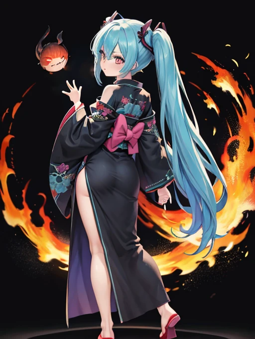 Miku Hatsune, alta definicion, kimono, alta definicion, fullbody picture alta definicion, flaming eyes, evil eyes, devil girl, sucubo, shes atack de camera, sensual back pose, 