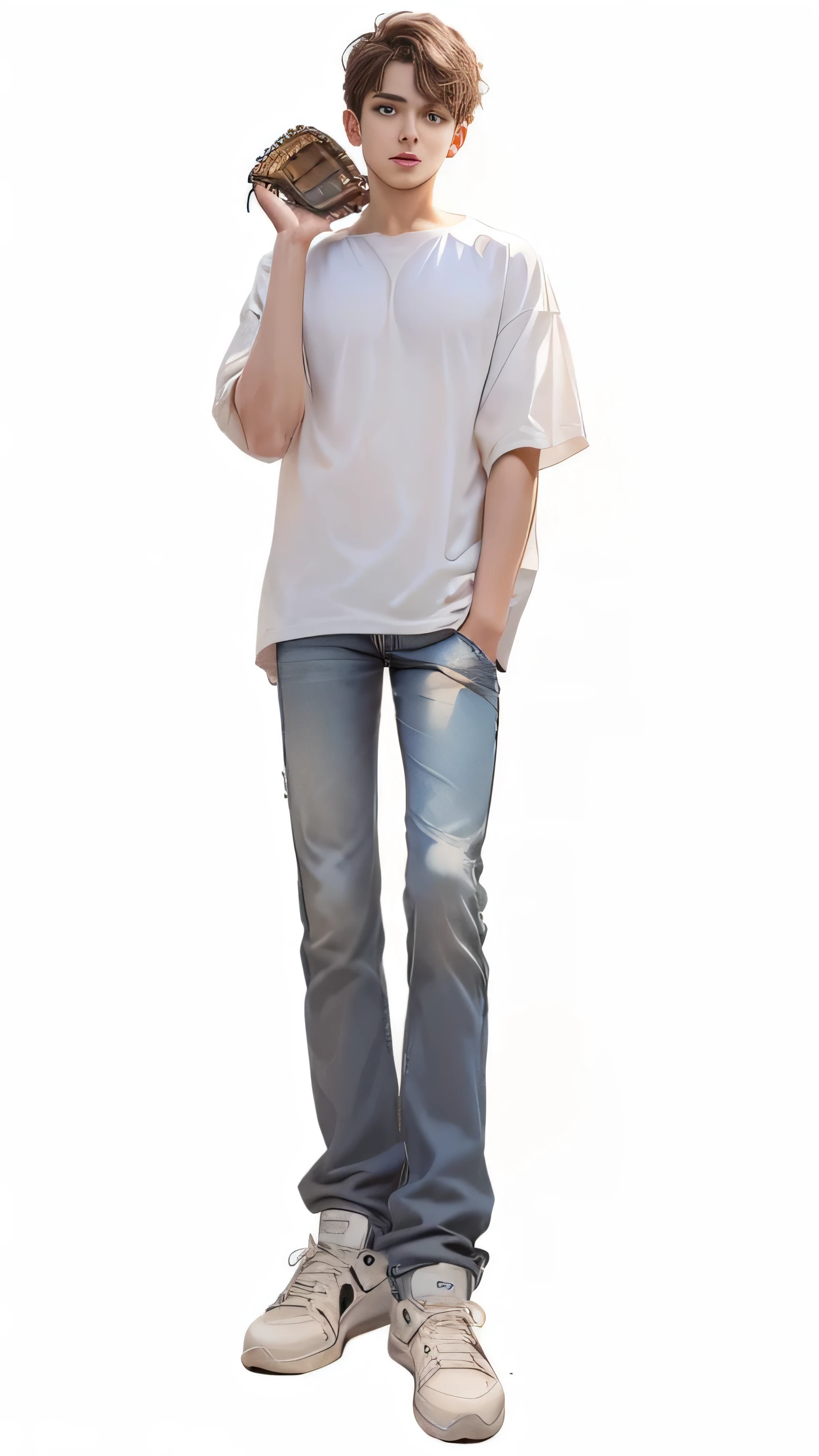 boy in white shirt and jeans holding a baseball glove, full body illustration, single character full body, anime full body illustration, full body picture, full body single character, zoomed out full body, fullbody portrait, full body portrait of a short!, !!full body portrait!!, full body character, full body!!, casual clothing style, wearing a baggy,,Rich in details,Masterpiece,Clean shaping