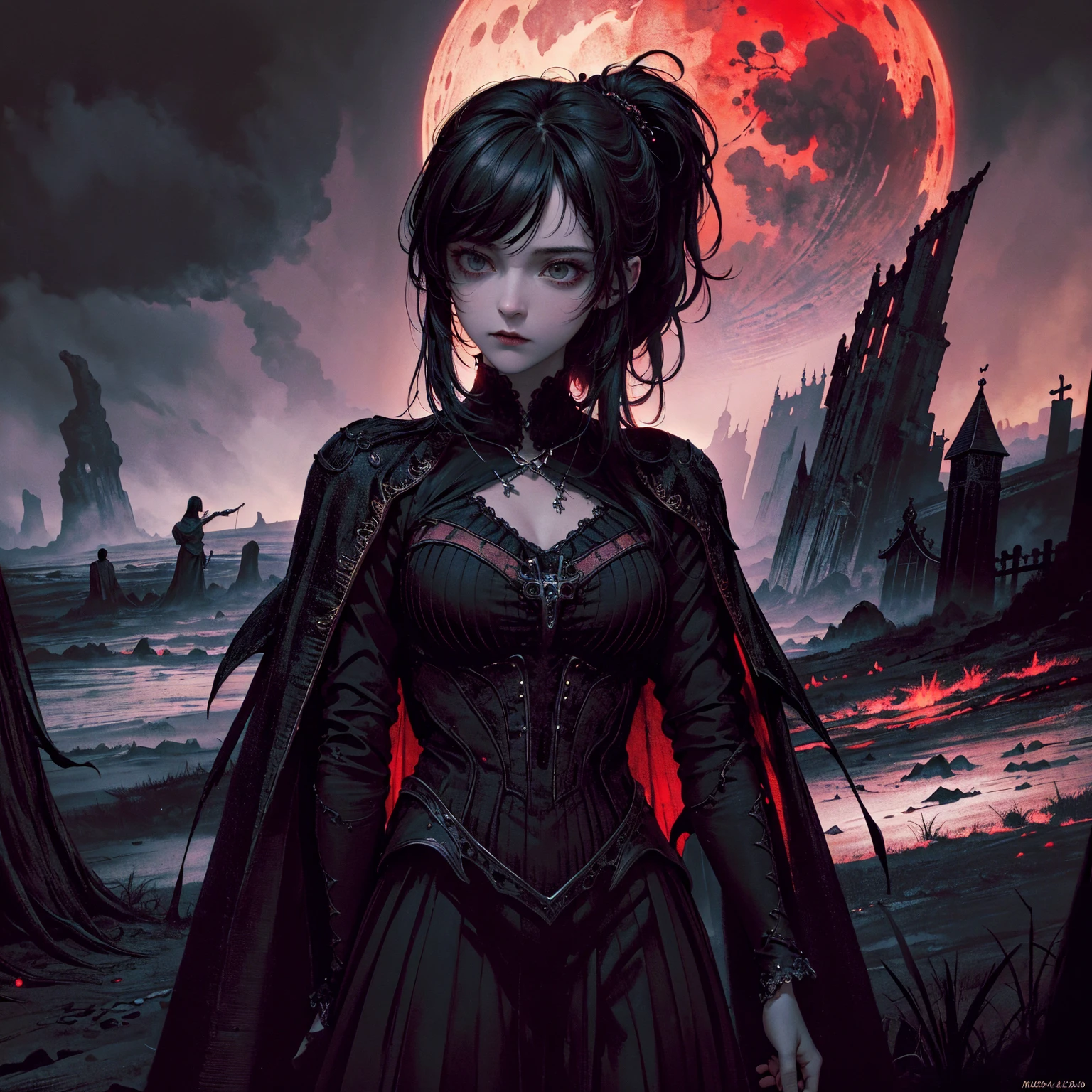 best quality, 4k, high resolution, masterpiece:1.2, Very detailed, actual:1.37, Mood lighting, girl, Crucified, Pitch black sky, Red Moonlight, strange atmosphere, Gothic style, Unforgettable beauty, Dramatic shadows, Ethereal Light, Mysterious atmosphere.