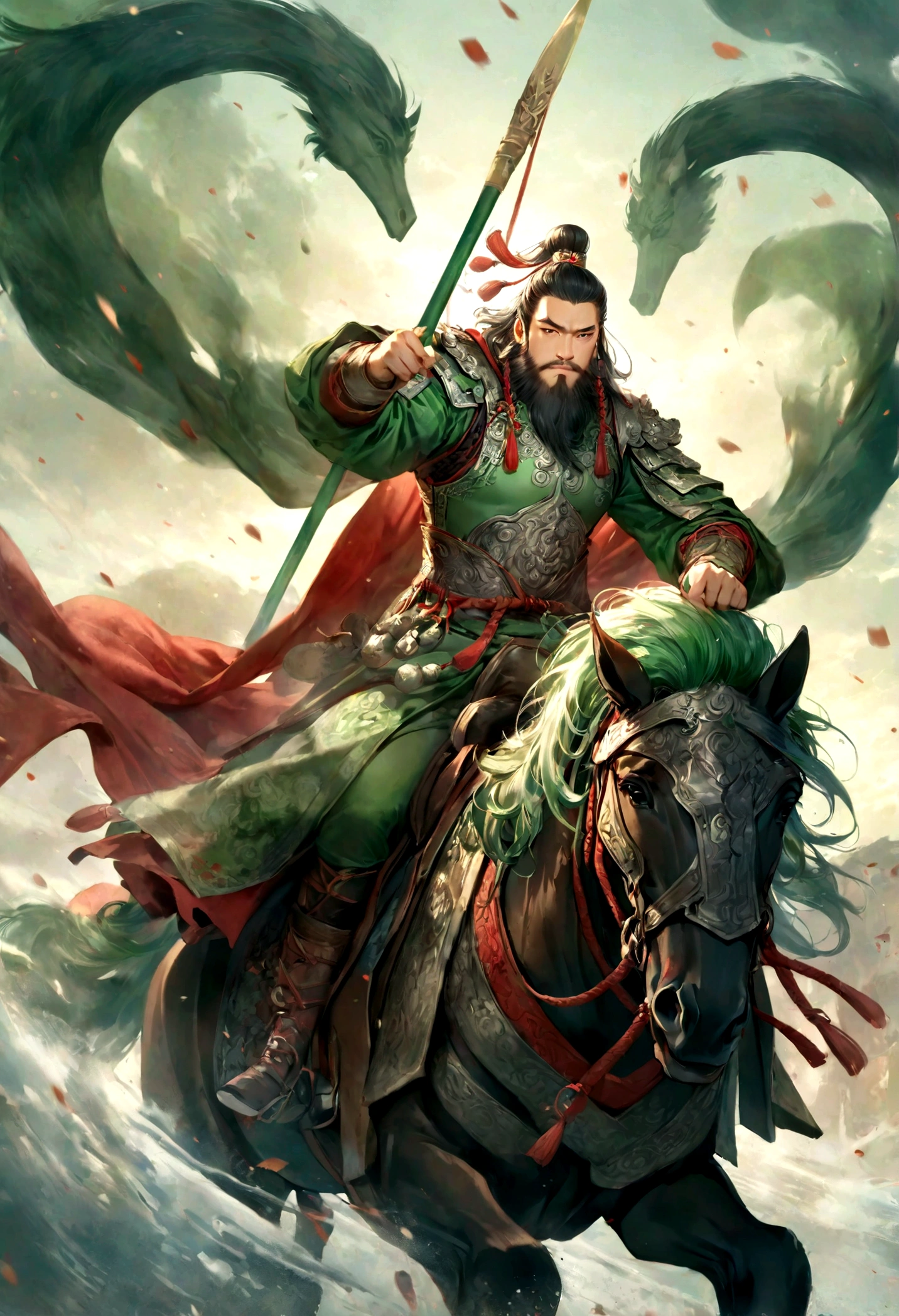 Guan Yu Riding Alone,momentum,Awesome,Strong body,Magnificent,Perfect composition,Very artistic illustration,masterpiece。