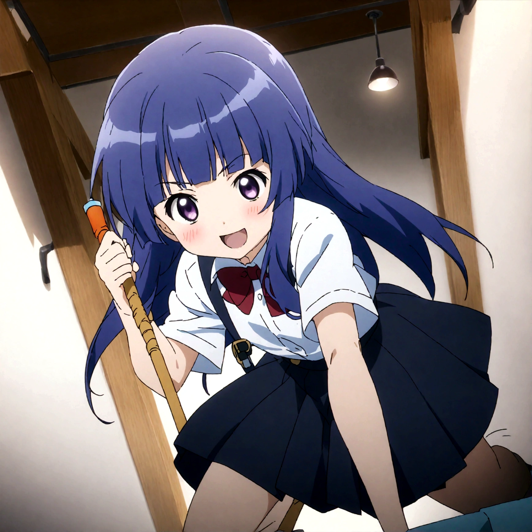 score_9,score_8, score_8_up, BREAK 1girl, solo, furude rika, (tween), kawaii, blue hair, purple eyes, long hair, blunt bangs, bangs,, bow, skirt, shirt, suspenders, smile, short sleeves, pleated skirt, white shirt, open mouth, :d, red bow, facing viewer,^_^, suspender skirt, , black skirt, collared shirt, blush, bowtie, blunt bangs, dress shirt,masterpiece, best quality, source_anime,ceiling, ceiling light, great lighting, detailed shadows, detailed body, anime artwork,anime style, key visual, vibrant, studio anime, highly detailed, anime coloring,,battle stance,fullbody,spread leg,holding mop,motion blur,motion lines,dynamic angle,simple background, white background.