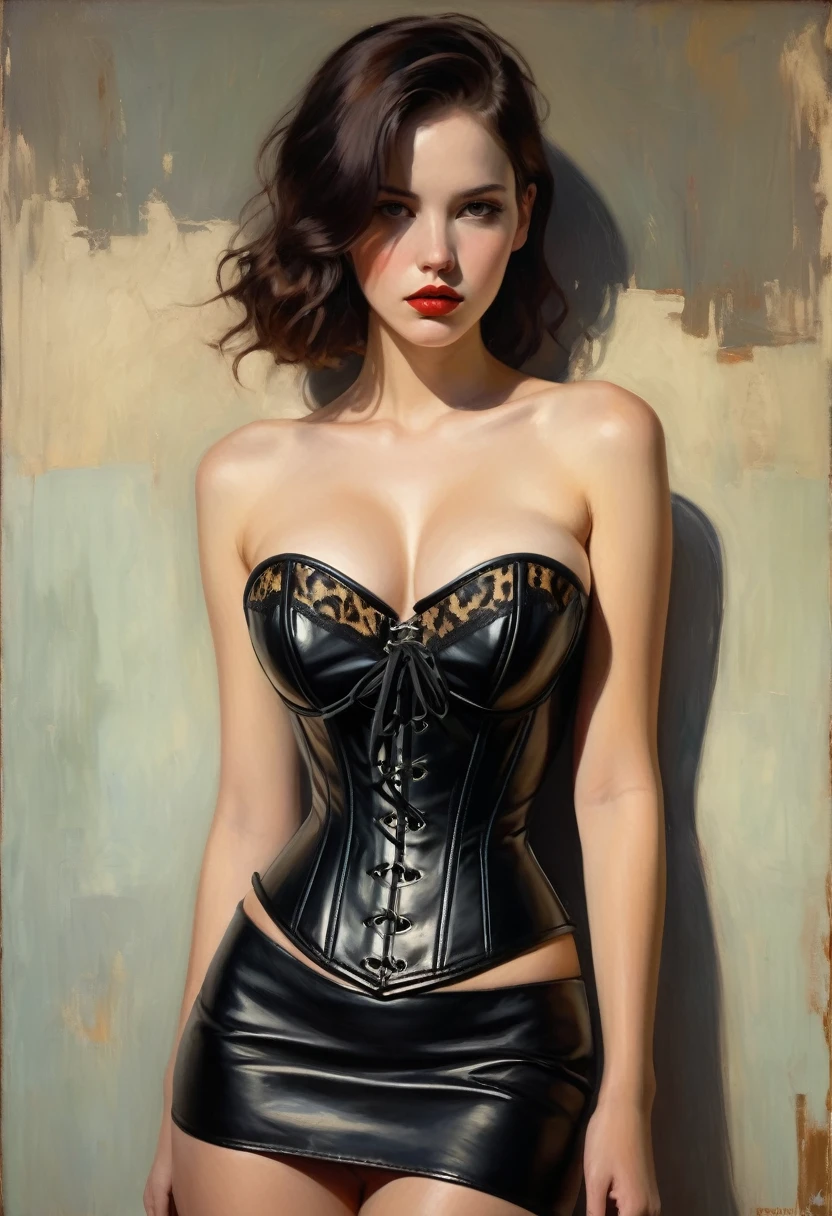 Create an evocative oil painting inspired by Malcolm Liepke, BDSM、(((black leather corset dress:1.4)))、(((The corset dress is decorated with beautiful lace.))), leopard print bikini, ((/microbikini/)), bare midriff, medium perfectly round breasts, cleavage, body, golden hour lighting, focus between legs,. Capture the intense, introspective expression of the young subject using thick, expressive brushstrokes and a muted color palette. Highlight the emotional depth and vulnerability in the subject's gaze, emphasizing the play of light and shadow on their face. Maintain a simple, textured background that complements the subject's contemplative presence. Focus on the tactile quality of the oil paint to convey the raw emotion and intimacy characteristic of Liepke's style.