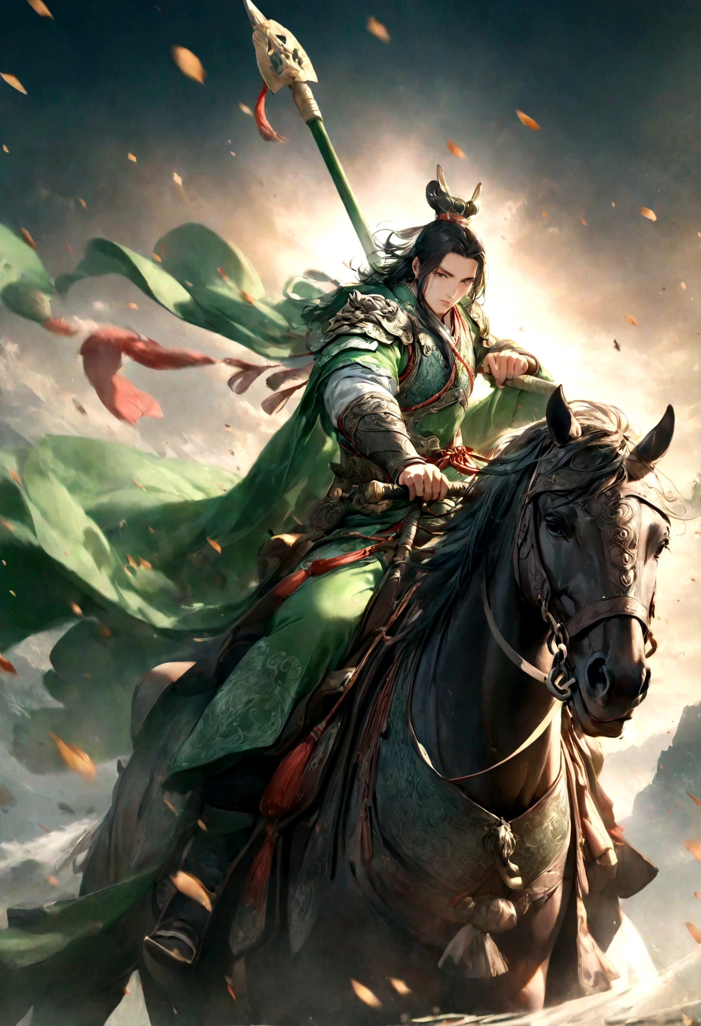 Guan Yu Riding Alone,momentum,Awesome,Strong body,Magnificent,Perfect composition,Very artistic illustration,masterpiece。