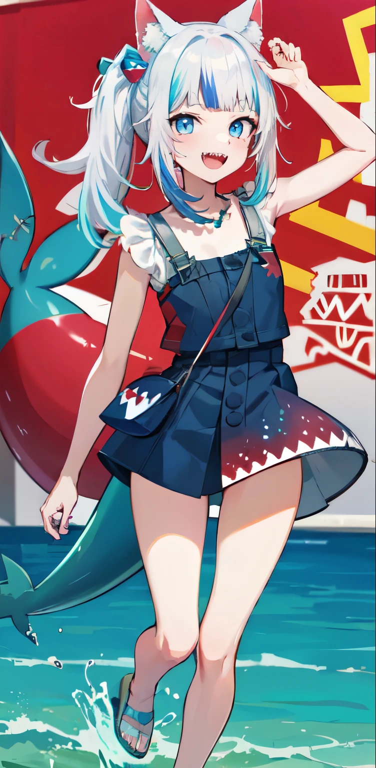 masterpiece, high quality, houshouBikini, highres, absurdres, ultra-detailed, detailed eyes, 8k, ti-emb_kobo-kanaeru, 1girl, colorful eyes, fangs, open mouth, bangs, colorful background, looking at viewer, vibrant, contrast, gradient hair, happy, graffiti wall background, water splash, close up, small breast, 2d, masterpiece, best quality, anime, highly detailed, full body, 1girl, solo, gura_neko, blue dress, cat ears, side ponytail, cube hair ornament, sandals, :d, sharp teeth, shark tail, shoulder bag, shore town