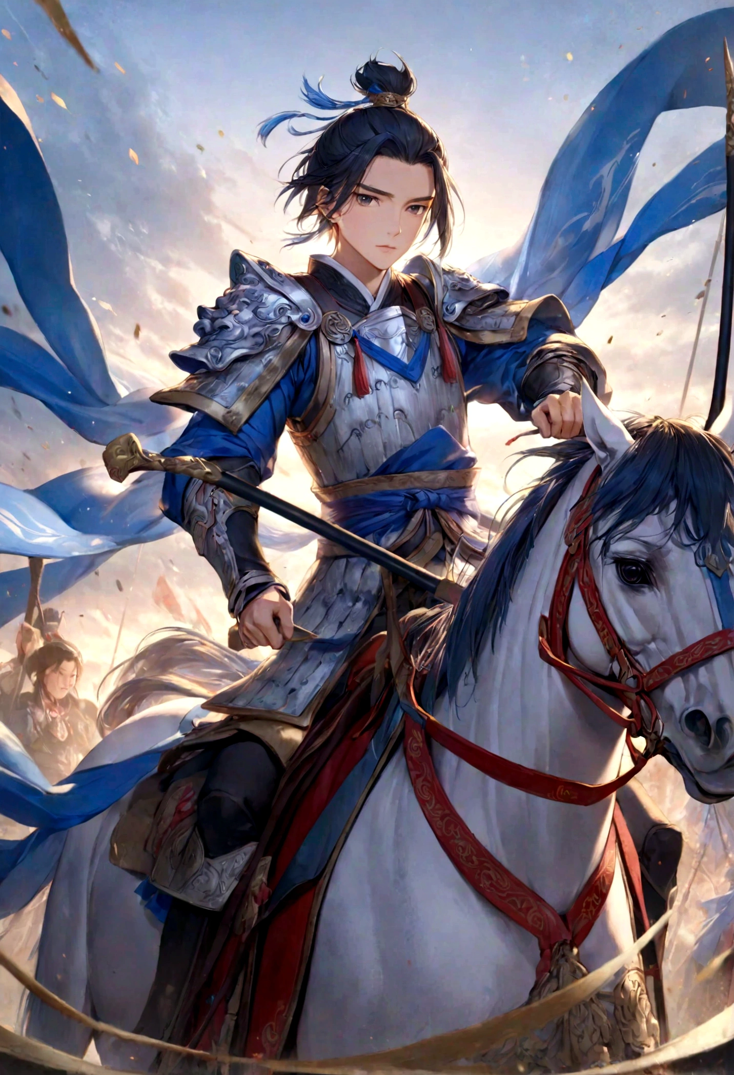 Three Kingdoms, Zhao Zilong, horse riding, wielding spears, Heroic and fearless, Wear armor, Behind it is the battlefield,