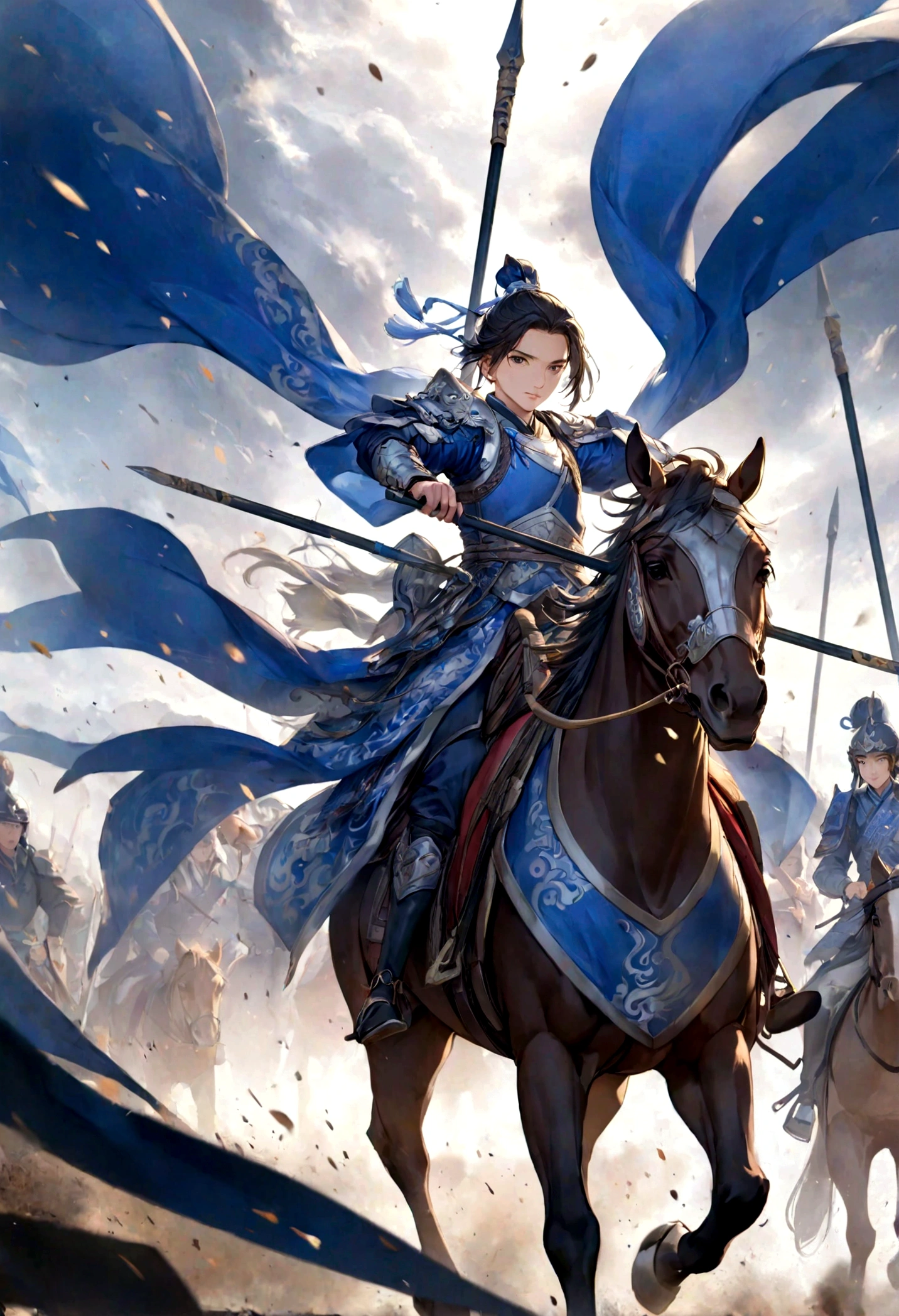 Three Kingdoms, Zhao Zilong, horse riding, wielding spears, Heroic and fearless, Wear armor, Behind it is the battlefield,