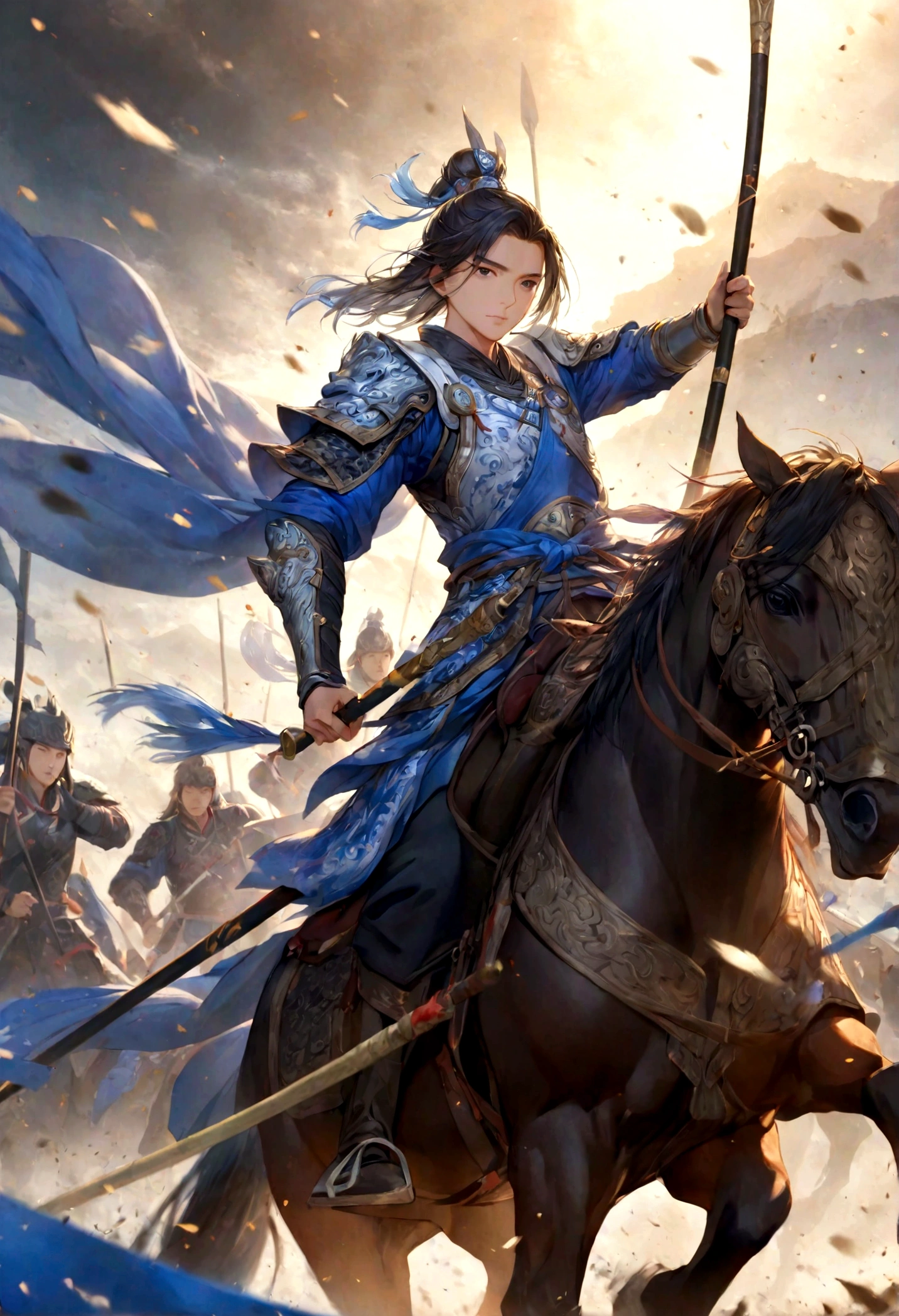 Three Kingdoms, Zhao Zilong, horse riding, wielding spears, Heroic and fearless, Wear armor, Behind it is the battlefield,