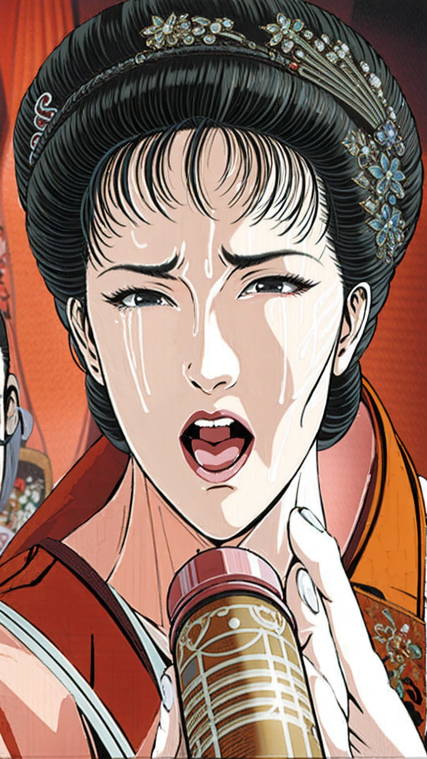 (best quality), (very aesthetic), (ultra-detailed), (best illustration),(a mature female),(perfect face),Suikoden,Mrs. Lin,(((NSFW))),((full_body)),((full_nude)),(crying),Covers mouth with right hand,red cheek,sweating,skinny,flushed skin,(hairly),(doing blowjob),(She is sucking on an erect penis),(Holding an erect penis with his right hand),chinese traditional bed room,overhead view