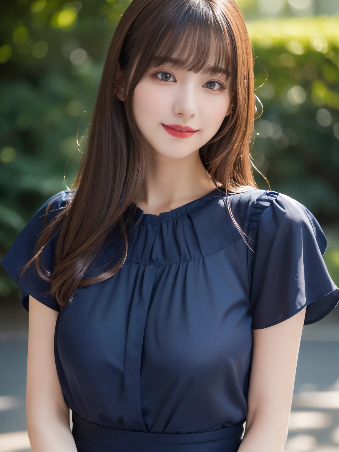 1 girl,(Wearing a dark navy blue short-sleeved camisole blouse:1.4),(RAW Photos, highest quality), (Realistic, Realistic:1.4), Tabletop, Very delicate and beautiful, Very detailed, 2k wallpaper, wonderful, In detail, Very detailedなCGユニティ8K壁紙, Very detailed, High resolution, Soft Light, Beautiful detailed girl, Very detailed目と顔, Beautiful and sophisticated nose, Beautiful and beautiful eyes, Dark pink lipstick, Normal chest, Cinema Lighting, Spring Green Park, Perfect Anatomy, Slender body, smile, Straight long hair, (Randomly oriented body), Face looking at camera, 28 years old,