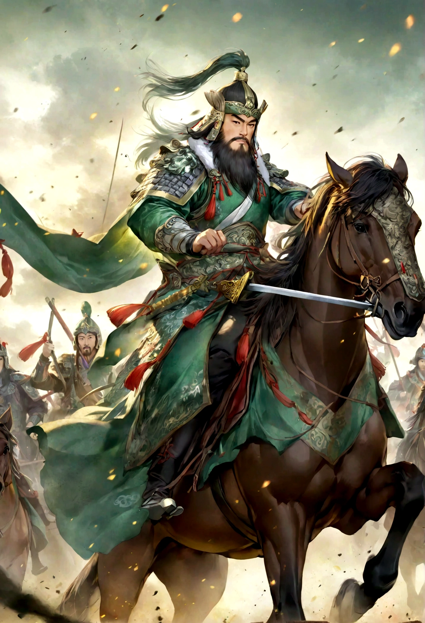 Three Kingdoms，Guan Yu,Galloping on horseback,Bright armor,Holding the Qinglong Yanyue Sword in one hand,Background is battlefield