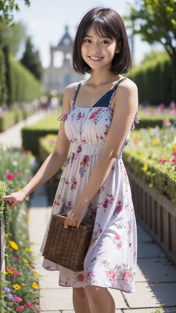 masterpiece, highest quality, disorganized, perfect anatomy, 1 girl, alone, pascal tales, short hair, beautiful, Hilarious, sunny day, botanical garden, Summer winds, sundress, Floral, wavy hair, smile