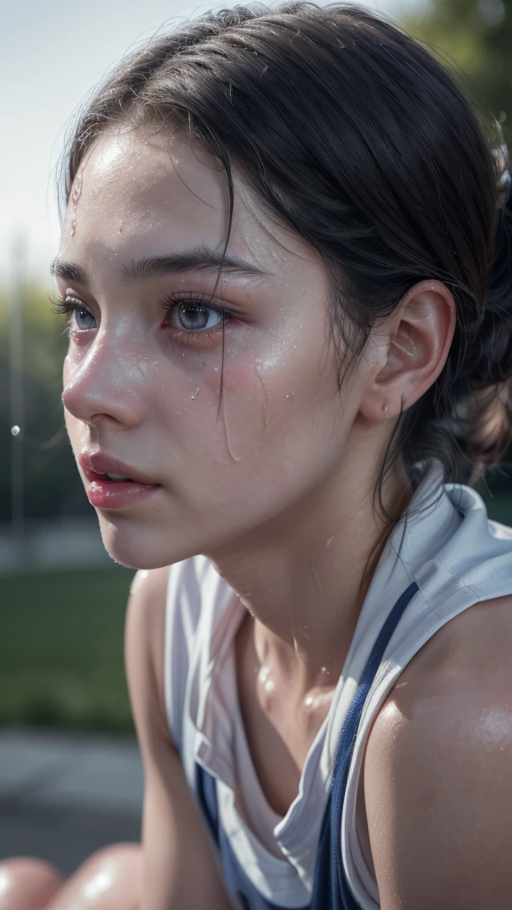 1girl, fullbody, sport uniform, wet oily skin, sweat, detailed eyes, detailed lips, extremely detailed face, long eyelashes, (best quality,4k,8k,highres,masterpiece:1.2),ultra-detailed,(realistic,photorealistic,photo-realistic:1.37),sports photography,vibrant colors,dramatic lighting