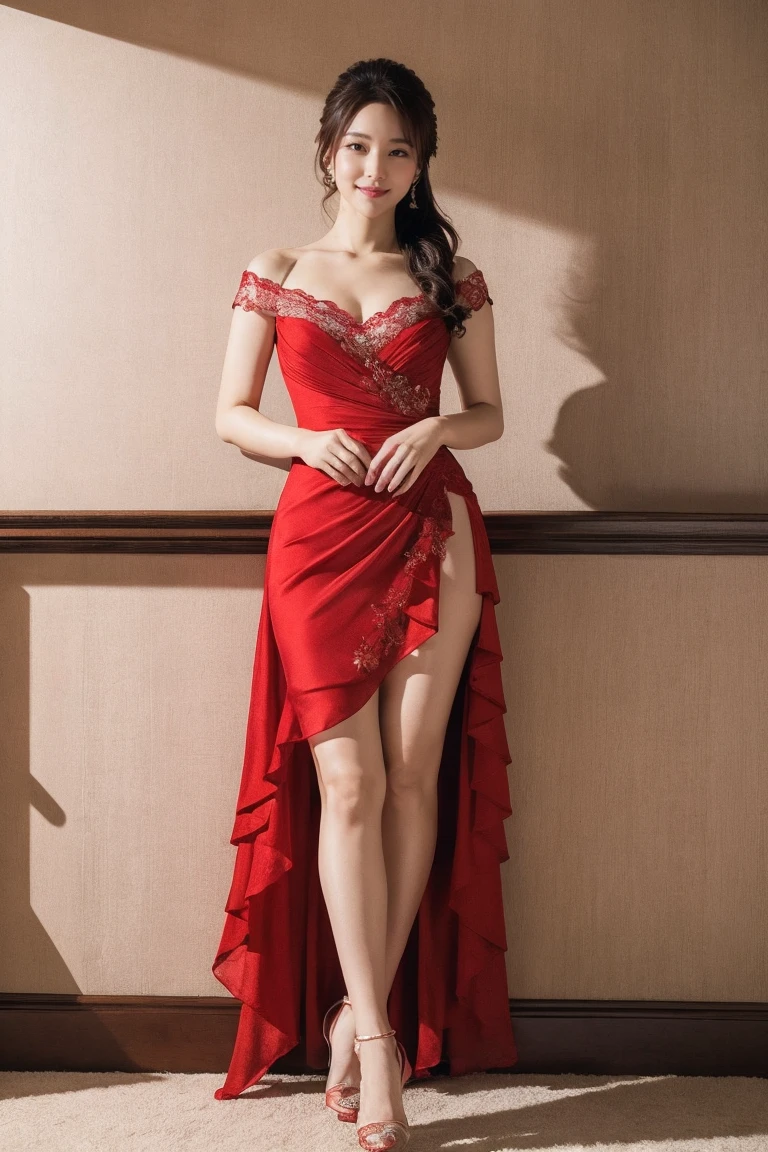 Medium display, Medium Shot, Written boundary depth, Photograph the whole body:1.5, Are standing、Movie angle, masterpiece, highest quality, Very detailed, CG, 8k wallpaper, Beautiful Face, Delicate eyes, Otome, alone, smile, Crimson Dress,  bouquet、High heels
