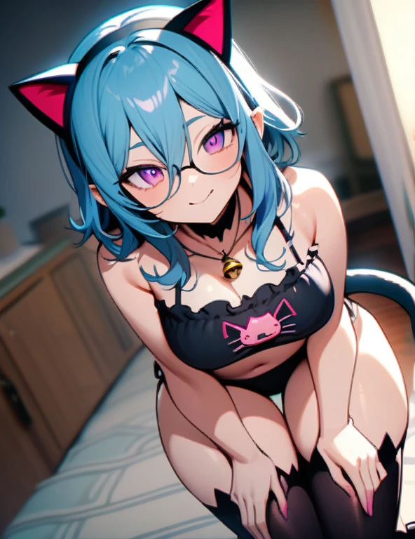 (masterpiece), best quality, expressive eyes, perfect hybrid succubus mannequin girl face, long cyan and blue hair, magenta eyes, glasses, happy, black cat lingerie, cat stockings that reach the thighs, headband with ears black cat, black cat tail, golden bell necklace, large perfect breasts, thick thighs, perfect big ass, at home, squeezing her breasts with her elbows while posing like the obedient mannequin she is, nfsw