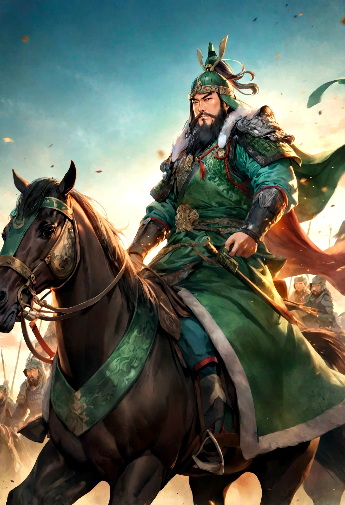 Three Kingdoms,Guan Yu,Galloping on horseback,Bright armor,One-handed sword,Background is battlefield