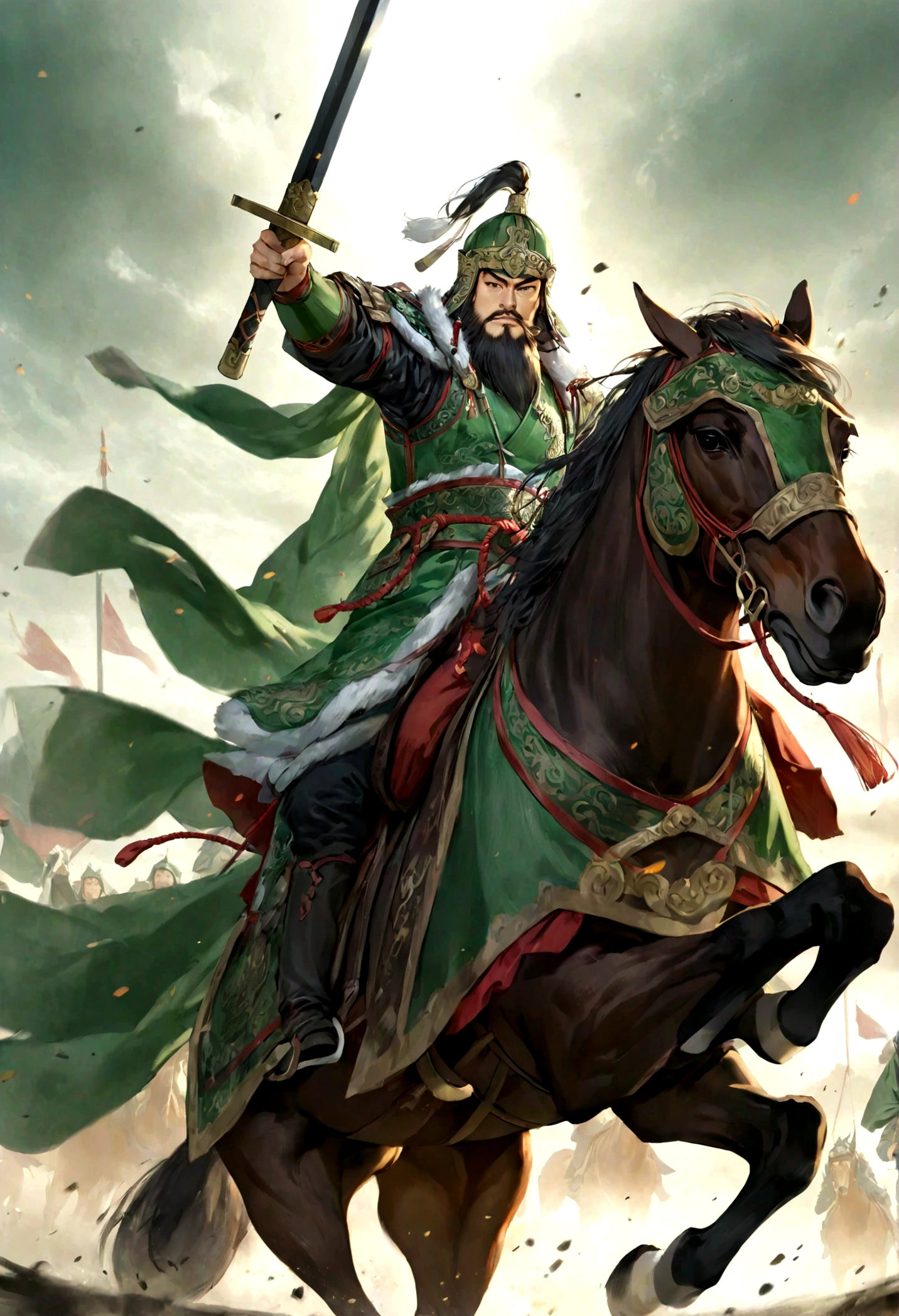 Three Kingdoms,Guan Yu,Galloping on horseback,Bright armor,One-handed sword,Background is battlefield