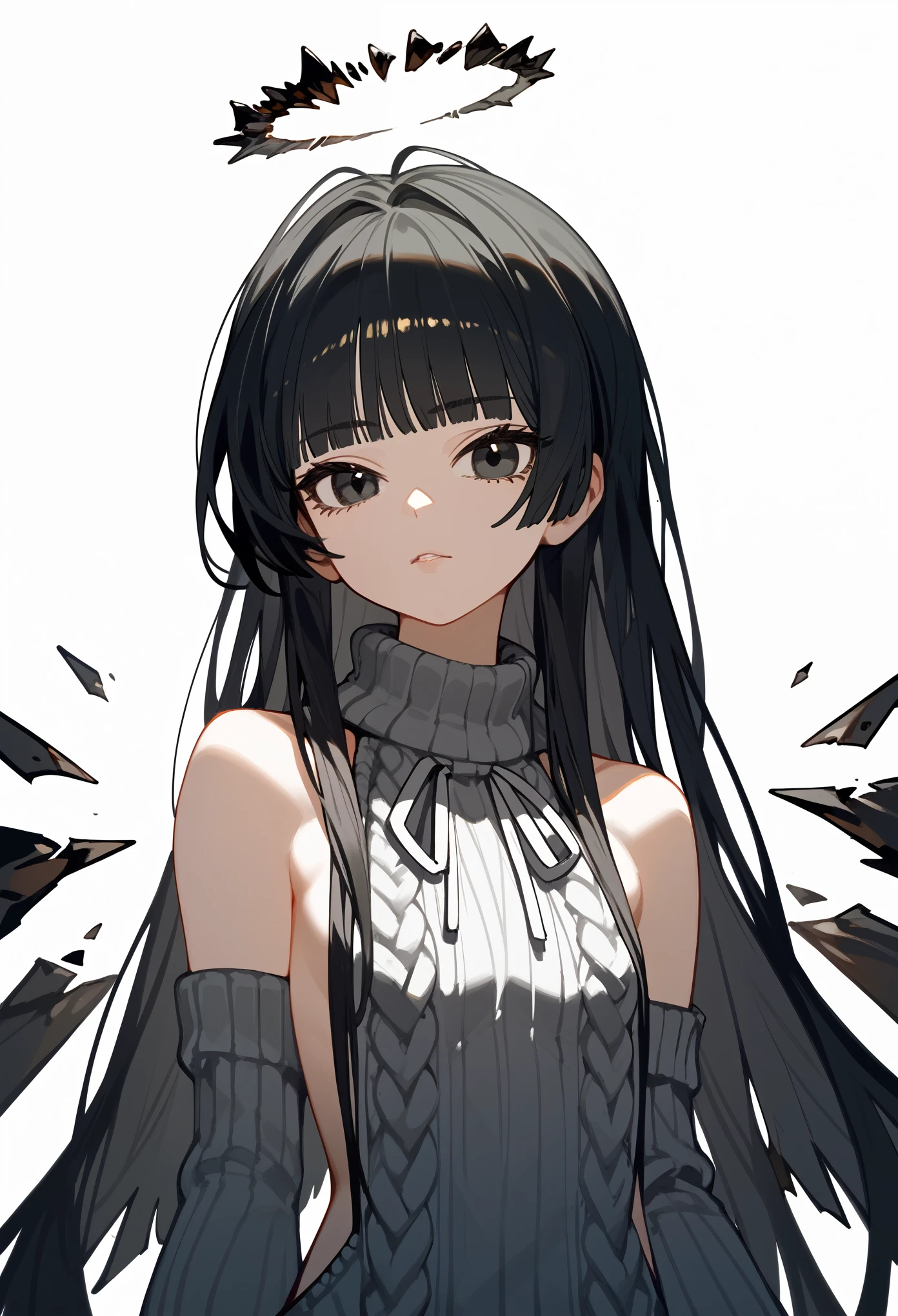 (score_9, score_8_up, score_7_up), 1girl, black hair, blunt bangs, long hair, broken halo, black eyes, alternative clothes, virgin killer sweater, detached sleeves, gray sweater, energy wings, looking at viewer, upper body, zoom out, small breasts, calm, portrait, white background,