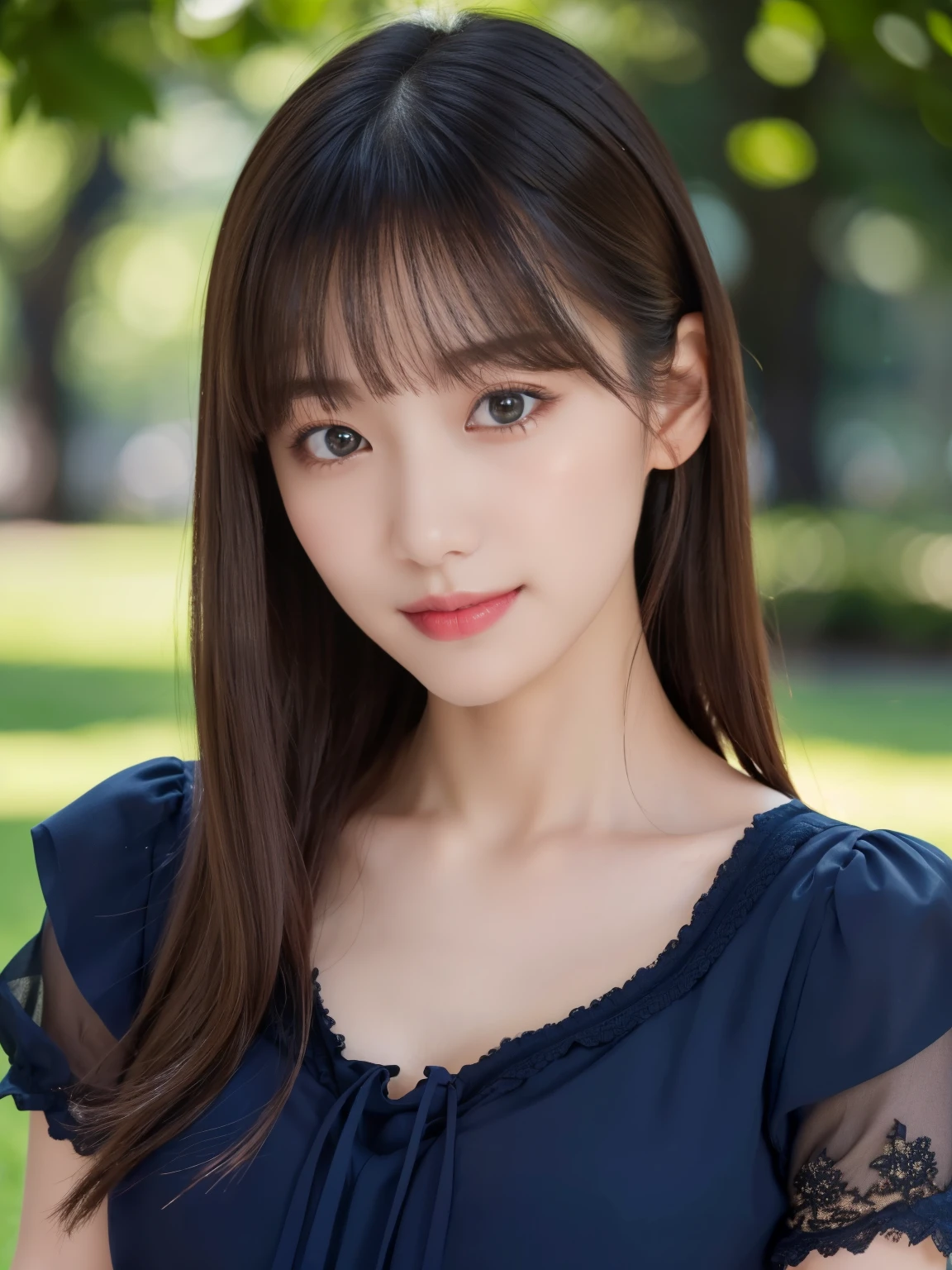 1 girl,(Wearing a dark navy blue short-sleeved camisole blouse:1.4),(RAW Photos, highest quality), (Realistic, Realistic:1.4), Tabletop, Very delicate and beautiful, Very detailed, 2k wallpaper, wonderful, In detail, Very detailedなCGユニティ8K壁紙, Very detailed, High resolution, Soft Light, Beautiful detailed girl, Very detailed目と顔, Beautiful and sophisticated nose, Beautiful and beautiful eyes, Dark pink lipstick, Normal chest, Cinema Lighting, Spring Green Park, Perfect Anatomy, Slender body, smile, Straight Long Hair, ((Randomly oriented body)), Face looking at camera, 28 years old,