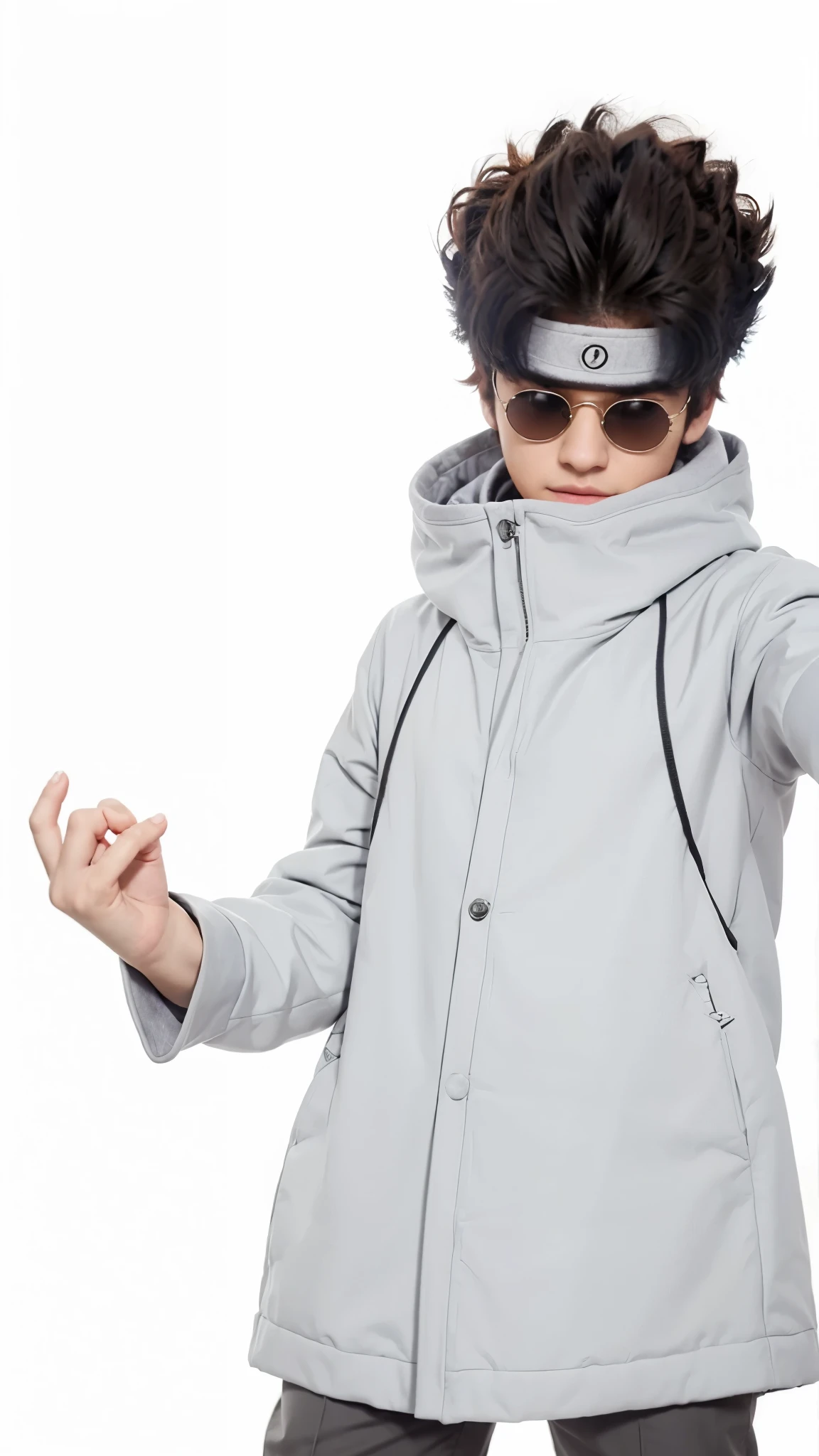Kevin Jonas como Kiba Inuzuka, Extremely Realistic, Very Beautiful, 12 years old, With dog, white puppy, Wearing a gray overcoat, turtleneck, wearing sunglasses,