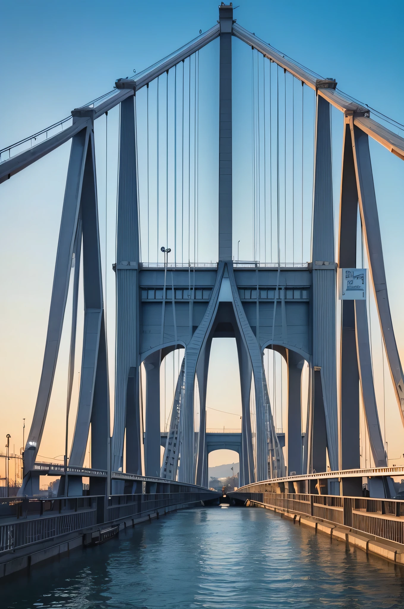 "I need to create a poster cover image,The theme is cable-stayed bridge,Surrounded by edge cities。I wish the bridge was farther away,To fit the poster size,But at the same time, the bridge should look like a close-up.。Can you make a picture like this??"