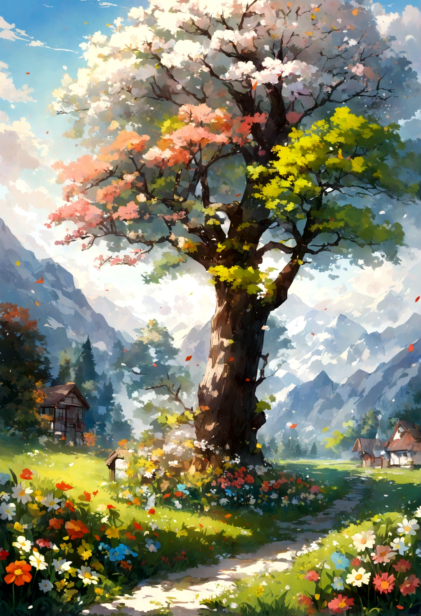 Different scenery in four seasons,Spring, Summer, Spring, Winter