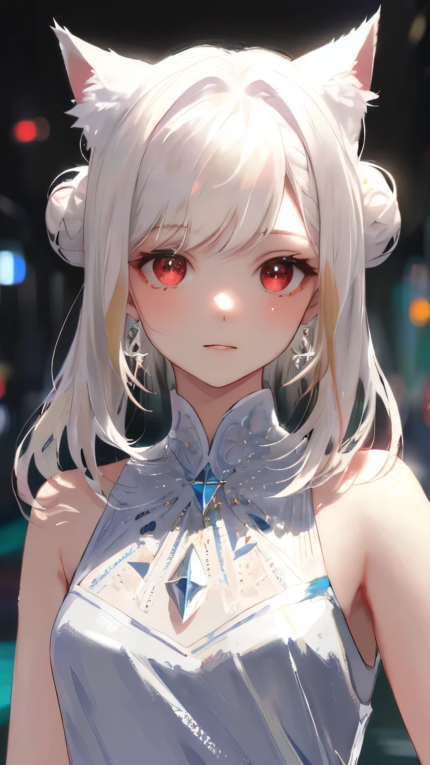 masterpiece, highest quality, figure, red eyes, Platinum Earrings, Platinum Necklace, White Dress, One girl, cute, (Dynamic Lighting:1.2), Cinema Lighting, Delicate facial features, Fine grain, Sharp pupils, Realistic students, Depth of written boundary, Bokeh, Sharp focus, (Ultra-detailed, bloom, shine:1.4), Lots of little gems, medium hair, two buns hair, double bun, Medium Hair, Cat ear, Gradient hair, Platinum blonde hair, brown hair, cat ears, Middle