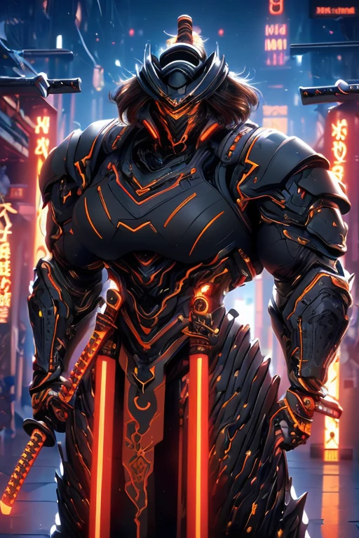 ((((Massive, beautiful, buff, muscular light brown skinned female samurai with black hair, black lipstick, ginormous bulky muscles, holding a black fire sword and wearing an all black cyber samurai armor with pants)))), {close view}, black eyeliner, massive muscles, large breast, massive biceps, hyper muscle triceps, (long straight hair), orange eyes, samurai boots, In a futuristic city, sleeveless, steel samurai armor, nighttime, closed smile, hyper muscles arms, hyper muscle legs, ginormous arms