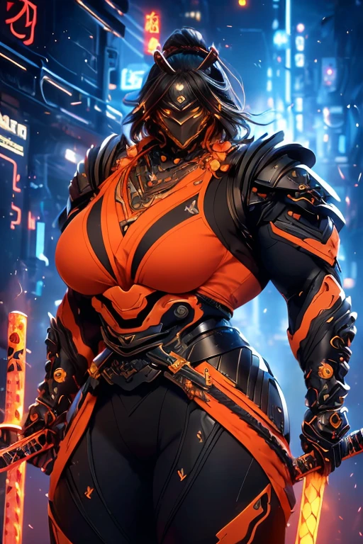 ((((Massive, beautiful, buff, muscular light brown skinned female samurai with black hair, black lipstick, ginormous bulky muscles, holding a black fire sword and wearing an all black cyber samurai armor with pants)))), {close view}, black eyeliner, massive muscles, large breast, massive biceps, hyper muscle triceps, (long straight hair), orange eyes, samurai boots, In a futuristic city, sleeveless, steel samurai armor, nighttime, closed smile, hyper muscles arms, hyper muscle legs, ginormous arms