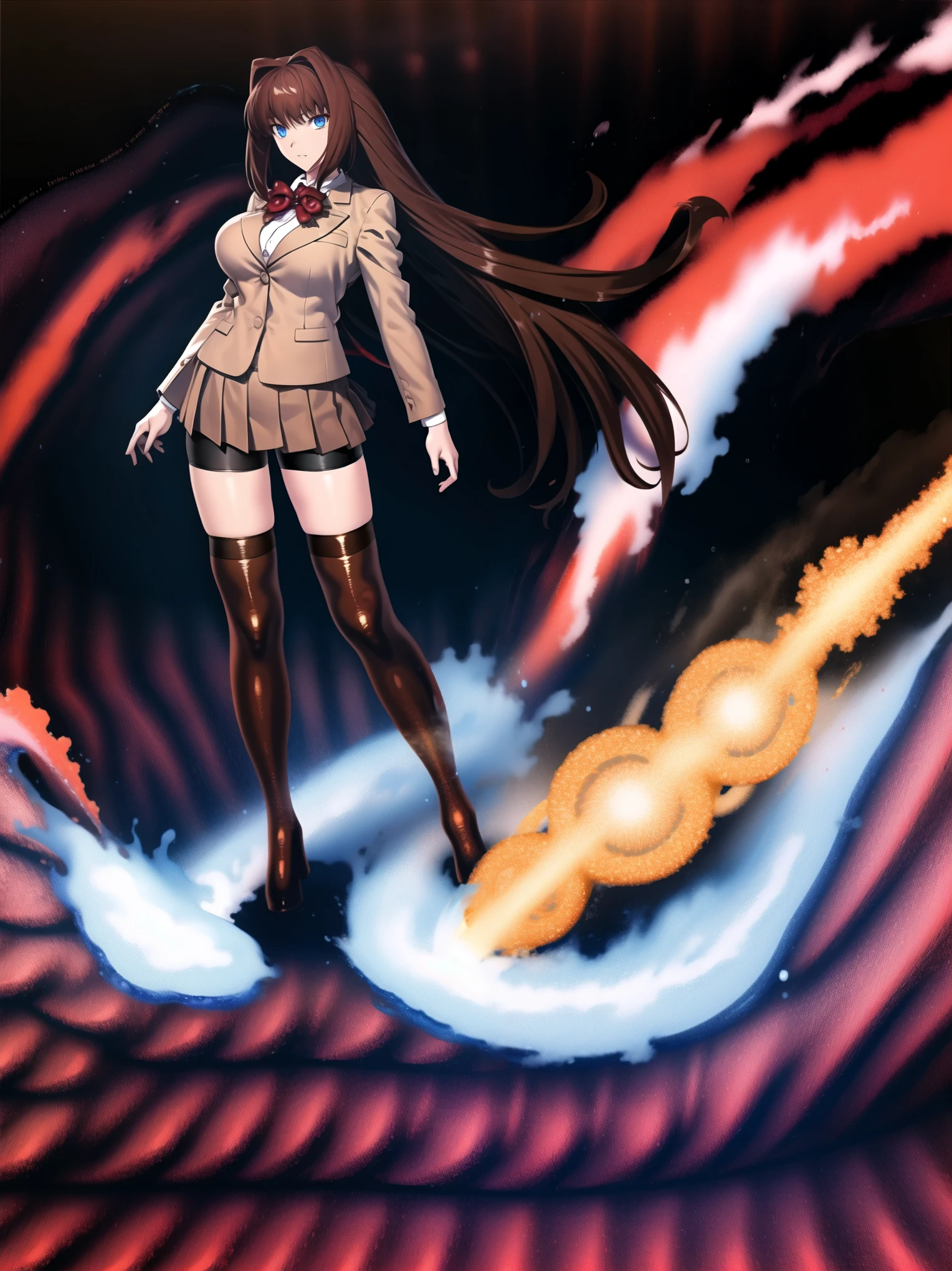 BREAK, centered. BREAK, (EMPTY BACKGROUND), BREAK, (masterpiece), best quality, high resolution, 8k, illustration, (beautiful detailed eyes:1.5), extremely detailed face, extremely detailed body, CG, perfect hands, perfect anatomy, ((1girl)), ((solo)), ((bbaoko)), ((2 legs max)), ((2 feet max:1.5)), ((swirling vortex shaped longest brown hair:1.5)), (brown longest hair with slightly reddish undertone:1.6), (lush luscious longest brown hair:1.6), (very long voluminous longest brown hair:1.5), serious, blue eyes, red bowtie, (Form-fitting beige blazer:1.5), brown jacket, (highly detailed beautiful face:1.2), (white shirt:1), (well shaped large breasts:1.6), (nice hips:1), ((Umber pleated thigh-high skirt:1.6)), (((black bike shorts:1.4))), (toned thighs:1.6), (black kneesocks:1.6), (strap shoes brown color), (facing front:1.5), ((standing straight:1.5)), ((Fullbody in frame:1.6)), ((Full body:1.5)), ((takeuchi takashi:1))