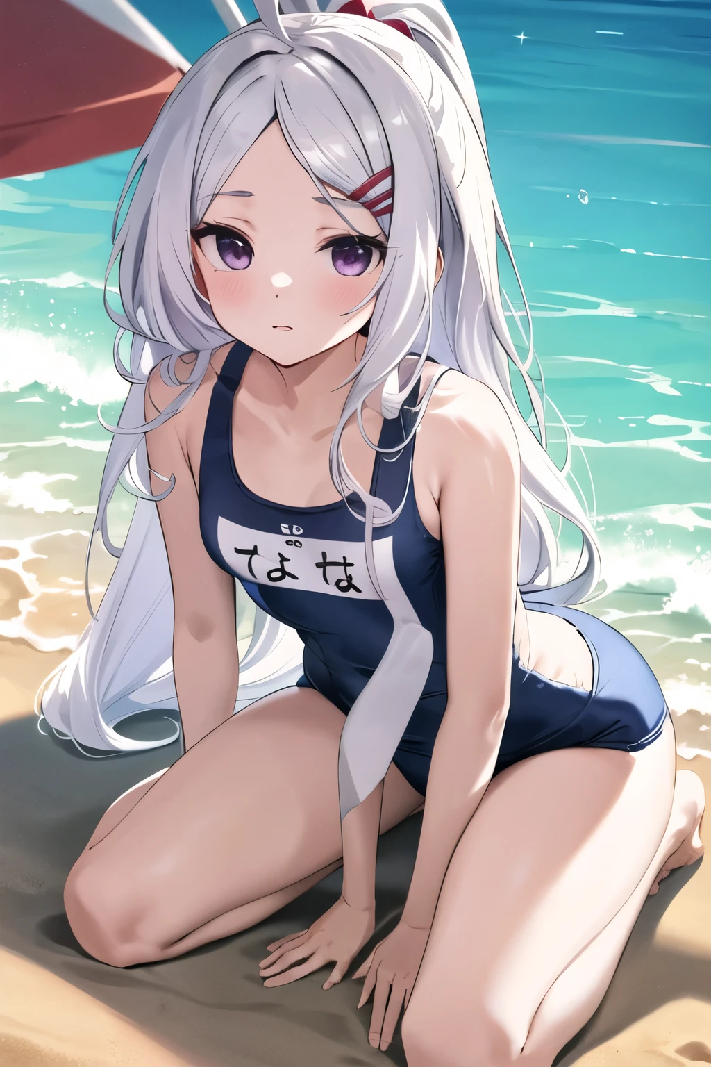 obra maestra, mejor calidad, high resolution, Sorasaki Hina, 1 chica, pelo largo, pelo canoso, ahogo, Purple in the eyes, small senos, very pelo largo, senos, huge ahogo, playa, japanese school swimsuits,