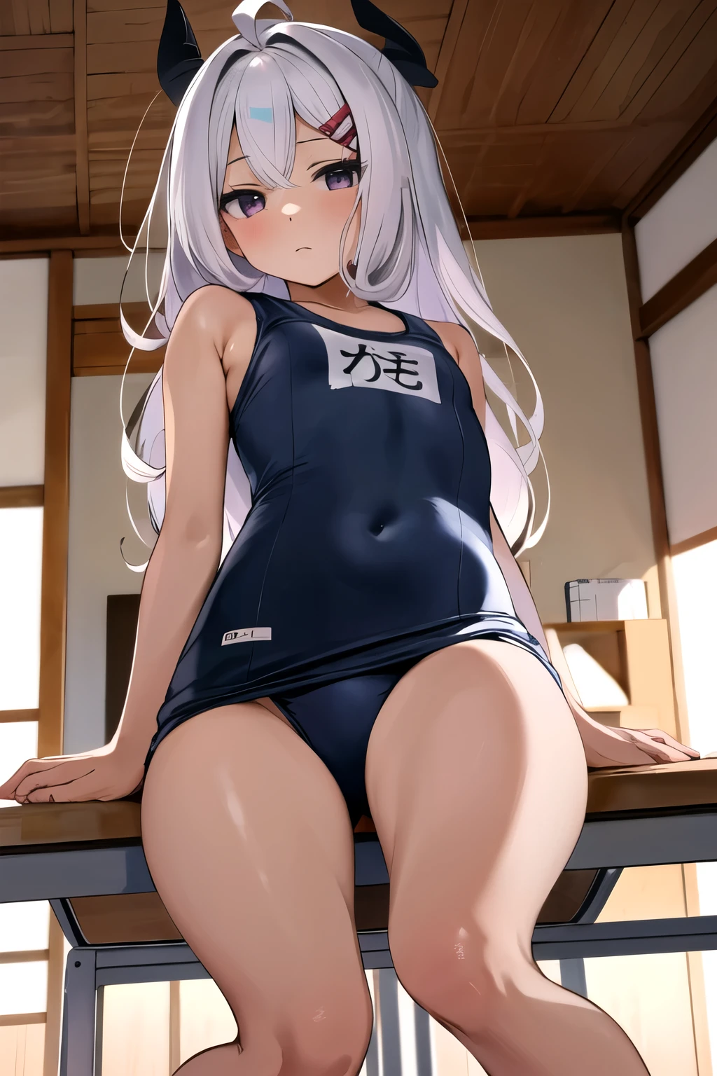 obra maestra, mejor calidad, high resolution, Sorasaki Hina, 1 chica, pelo largo, pelo canoso, ahogo, Purple in the eyes, small senos, very pelo largo, senos, huge ahogo, playa, japanese school swimsuits,