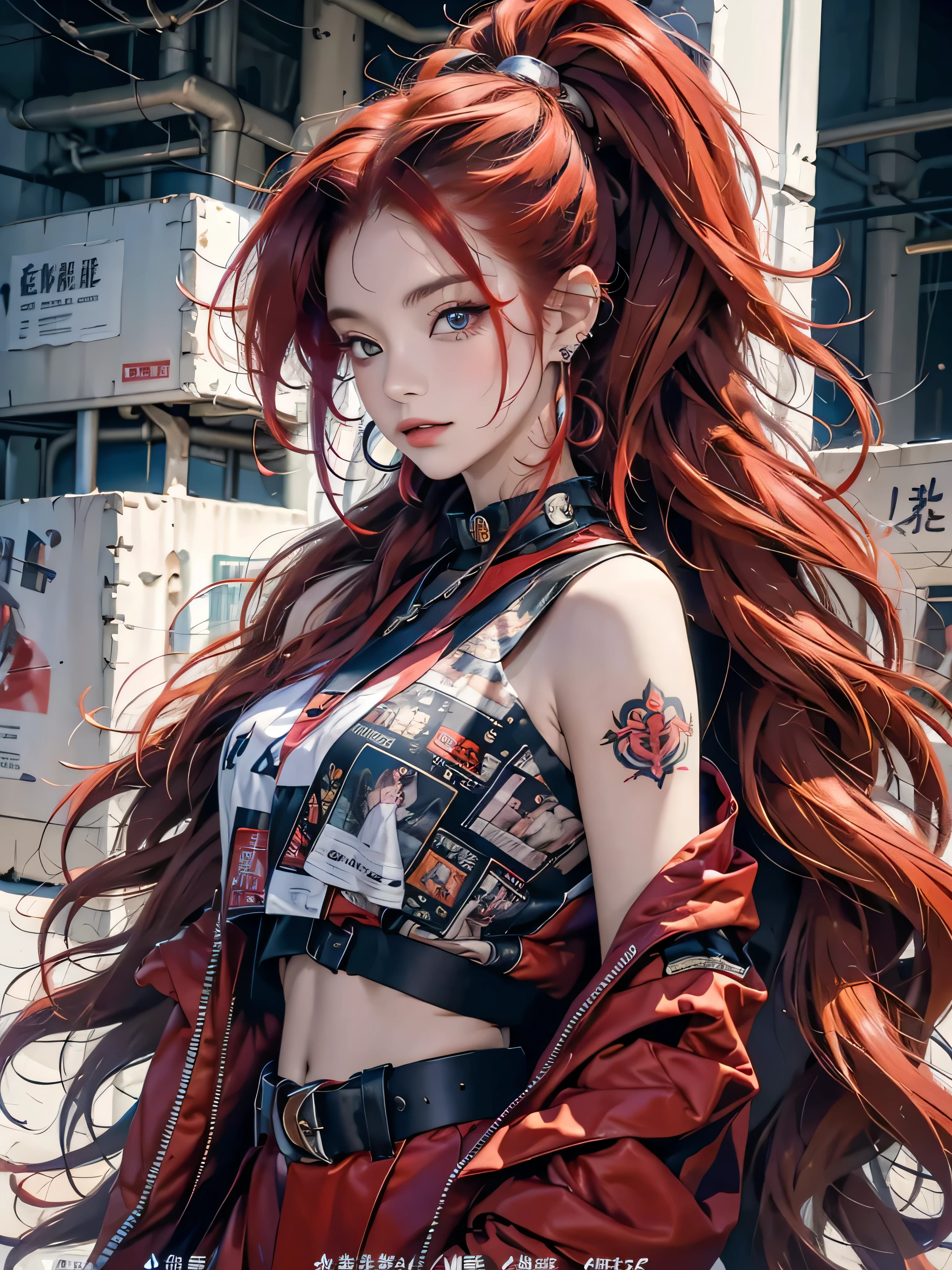 Best quality, Works of masters, A high resolution, 1girl, Super beautiful face, super beautiful eye, Super beautiful red mohawk long hair，Trendy Harajuku-inspired rock outfits，Expose shoulders, tons of tattoos and piercings, close up photo, tokyo city background