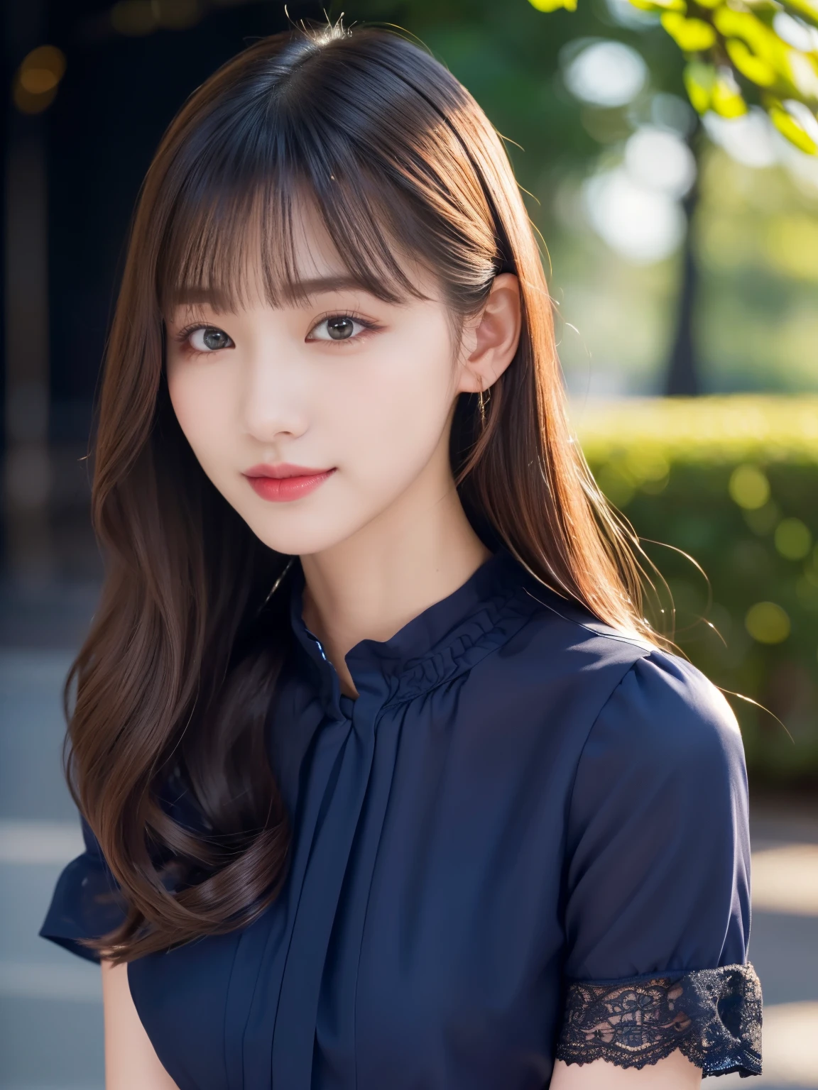 1 girl,(Wearing a dark navy blue short-sleeved camisole blouse:1.4),(RAW Photos, highest quality), (Realistic, Realistic:1.4), Tabletop, Very delicate and beautiful, Very detailed, 2k wallpaper, wonderful, In detail, Very detailedなCGユニティ8K壁紙, Very detailed, High resolution, Soft Light, Beautiful detailed girl, Very detailed目と顔, Beautiful and sophisticated nose, Beautiful and beautiful eyes, Dark pink lipstick, Normal chest, Cinema Lighting, Spring Green Park, Perfect Anatomy, Slender body, smile, Straight Long Hair, ((Randomly oriented body)), Face looking at camera, 28 years old,