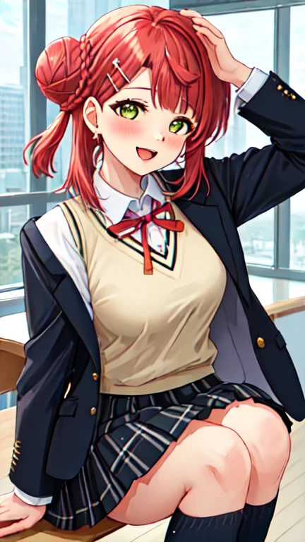 best quality, masterpiece, highres, solo, {uehara_ayumu_loveliveschoolidolfestivalallstars:1.15}, bangs, medium_hair, yellow_eyes, hair_bun, hair_ornament, single_side_bun, smile, blush, orange_hair, pink_hair, braid, swept_bangs, blunt_bangs, half_updo, green_eyes, 1girl, black_jacket, collared_shirt, hairclip, jacket, long_sleeves, looking_at_viewer, neck_ribbon, nijigasaki_academy_school_uniform, plaid, plaid_skirt, pleated_skirt, ribbon, school_uniform, shirt, skirt, white_shirt, blazer, breasts, hairpin, red_hair, red_ribbon, white_skirt, open_mouth, winter_uniform