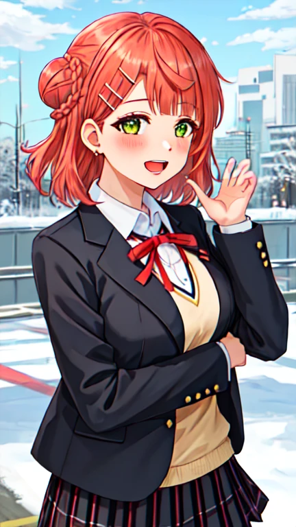 best quality, masterpiece, highres, solo, {uehara_ayumu_loveliveschoolidolfestivalallstars:1.15}, bangs, medium_hair, yellow_eyes, hair_bun, hair_ornament, single_side_bun, smile, blush, orange_hair, pink_hair, braid, swept_bangs, blunt_bangs, half_updo, green_eyes, 1girl, black_jacket, collared_shirt, hairclip, jacket, long_sleeves, looking_at_viewer, neck_ribbon, nijigasaki_academy_school_uniform, plaid, plaid_skirt, pleated_skirt, ribbon, school_uniform, shirt, skirt, white_shirt, blazer, breasts, hairpin, red_hair, red_ribbon, white_skirt, open_mouth, winter_uniform