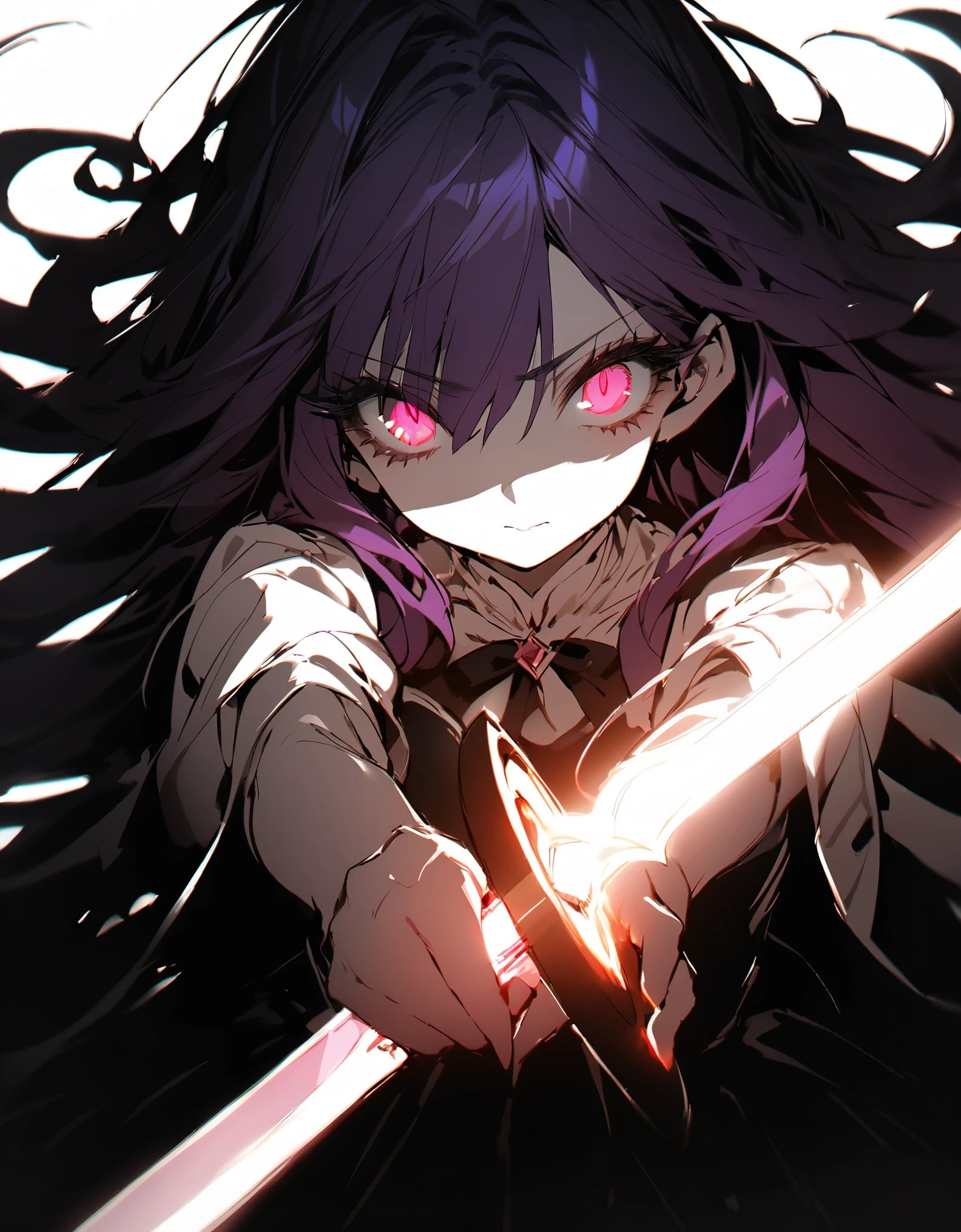 (sketch)A fighting girl holds a sword of light in both hands, Long Exposure 16 years old,Pale red eyes(Droopy eyes:1.2), Princess Dress, Glowing Skin, High Contrast, ((masterpiece, highest quality))Long purple hair(Semi-long hair:1.4)(eye shadow:1.3)(eyelash:1.2)Original Princess Dress (Black background)Perfect Fingers
