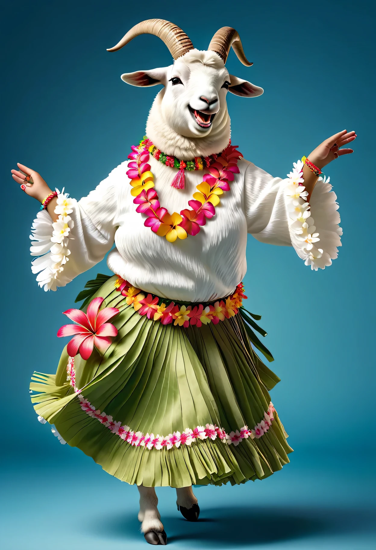 photorealistic portrait of Dressed animals - a ((fat)) goat hula dancer,(hula dancing:2.0), (swinging arms :2.0),(happy smile:1.2),high quality,(happy),(lovely) ,intricate details, (furry), highly detailed ((female hula dancer's costume)) ,highly detailed decorations, wearing ((aloha shirt)) and flower lei , (happy), studio lighting,(full body image:1.5),simple background,(viewed from side:2.0),