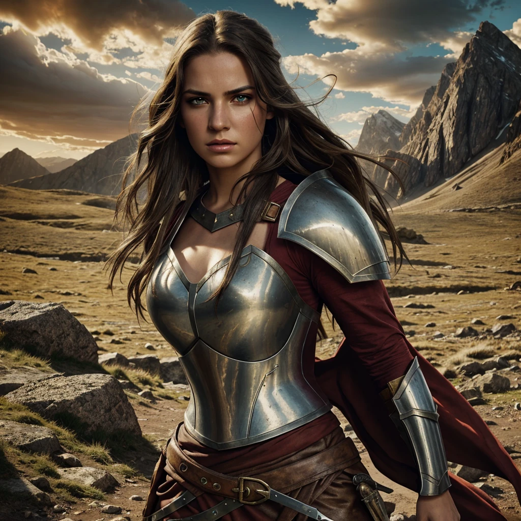 a female warrior, highly detailed portrait, cinematic lighting, epic fantasy, medieval armor, sword and shield, determined fierce expression, piercing eyes, flowing hair, dramatic pose, rocky mountain background, dramatic lighting, cinematic composition, digital art, fantasy art, hyper realistic