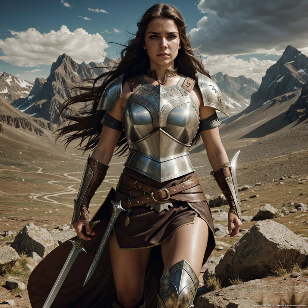 a female warrior, highly detailed portrait, cinematic lighting, epic fantasy, medieval armor, sword and shield, determined fierce expression, piercing eyes, flowing hair, dramatic pose, rocky mountain background, dramatic lighting, cinematic composition, digital art, fantasy art, hyper realistic