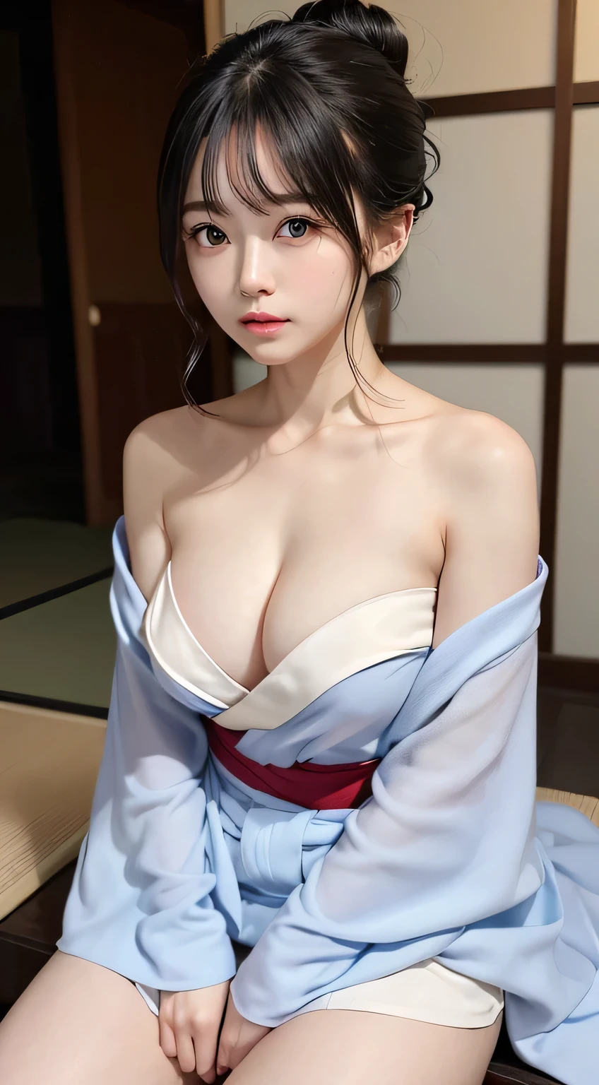 (8K, Raw photography, top-quality, ​masterpiece:1.2), One Woman、Japan at the age of 18,full body.{cinematic angle、Wide Angle、Don't split the screen、}（Realistic Skins 1.4）、（Old Japanese-style room）、（（（Woman in Japan kimono、she is sitting with her legs folded under her, she is half undressed with the kimono bunched around her waist）））、（（hair tied up in a neat bun, her chest is exposed））、wide angles、（Long Bob、）、（A dark-haired、The forehead is hidden by bangs、）、Black eyes、shiny skin、beautiful detailed hair、Beautiful delicate face、Beautiful delicate eyes、｛medium breasts、small 、muscular body、｝、