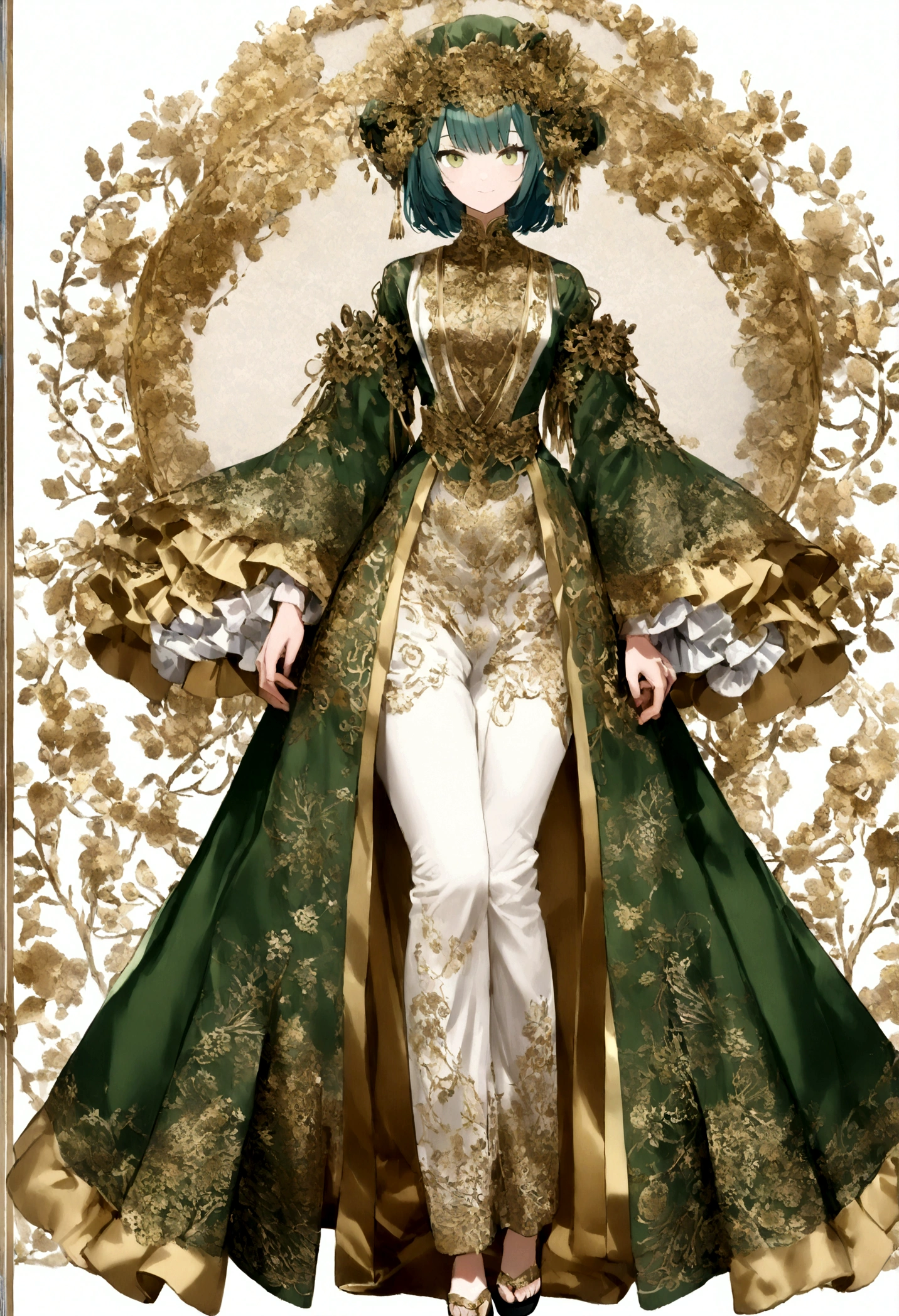 1girl, (((SMILE))), animal_ears, cat_ears, turquoise_hair, (((turquoise_short hair))), (((hanfu style, traditional Chinese attire, a long attire, a high collar, vibrant shade of green with wide sleeves and white trim along the edges, made of a sheer, lightweight fabric with intricate gold patterns that resemble floral or botanical motifs. A sash cinches the garments at the waistline, primarily gold with detailed embroidery and decorative elements, adding texture and prominence to the attire.))). (((full body))), Solo, standing,((view the viewer)), (White screen Background)